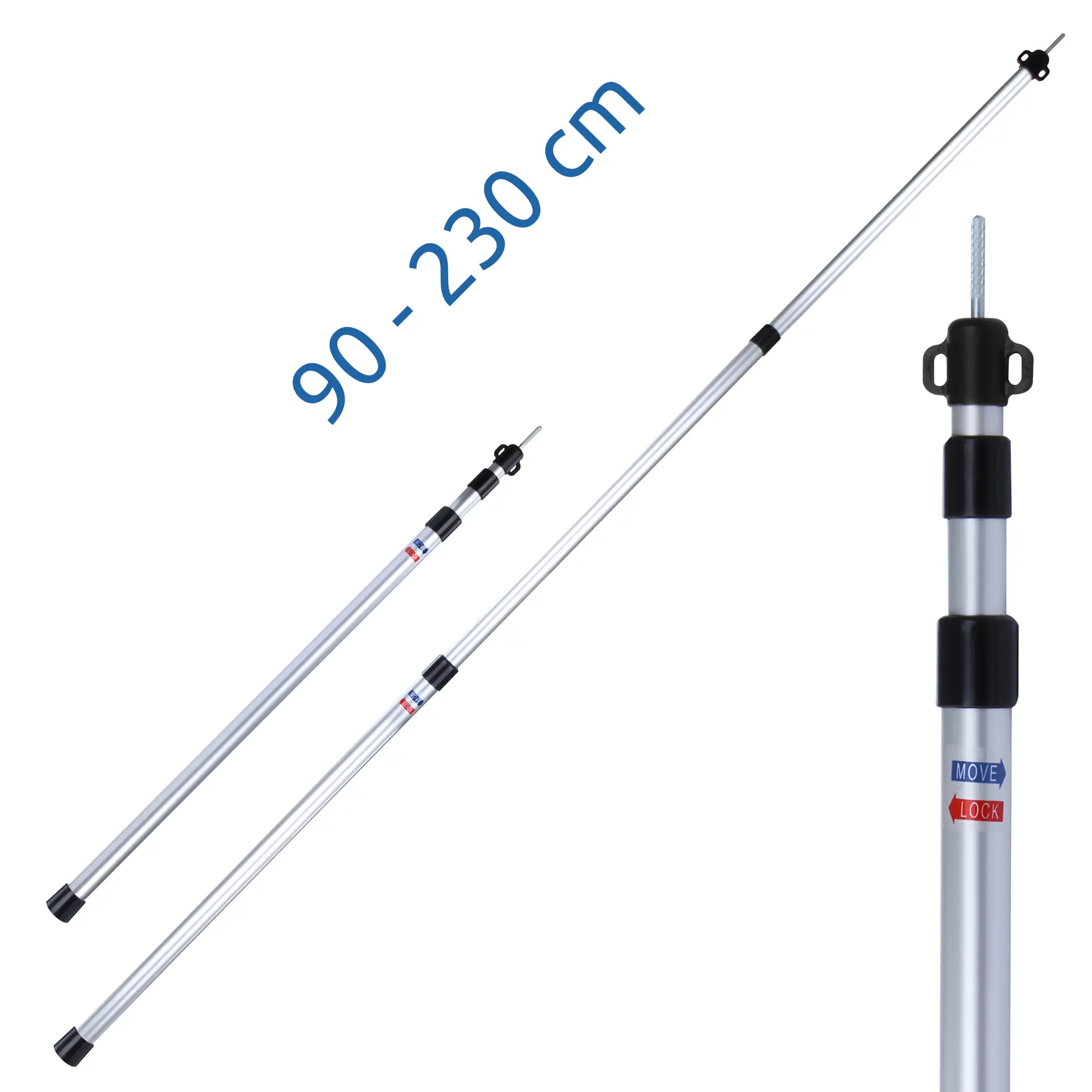 Set de 2 varillas telescópicas yourGEAR de aluminio, ajustables de 90 a 230 cm, con sistema de bloqueo y punta metálica, ideales para tiendas, toldos y lonas. Color plateado con detalles en negro.
