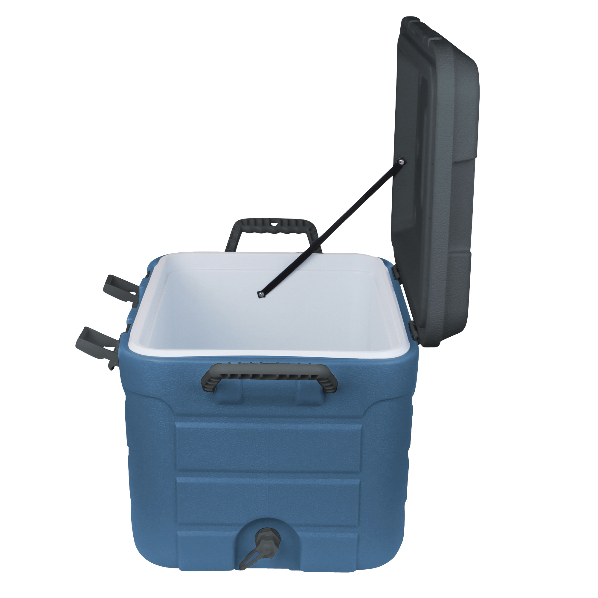 yourGEAR Coolah 30L Kühlbox in Blau, mit stabilem Tragegriff, offenem Deckel, Ausgießer an der Vorderseite und isolierendem Innenraum, ideal zum Kühlen oder Warmhalten von Lebensmitteln unterwegs.