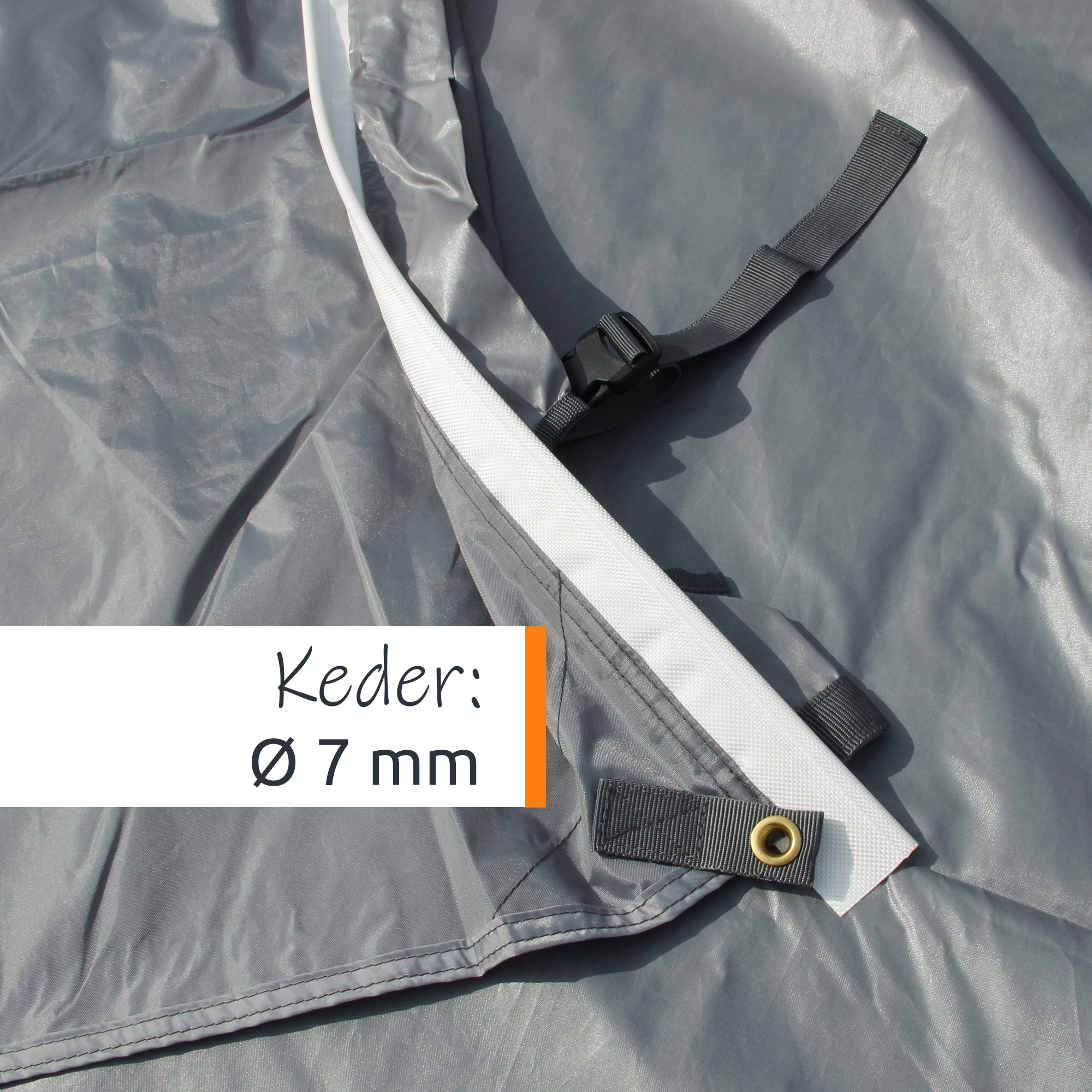 Toldo gris your GEAR Cavoli con borde reforzado blanco, ojales metálicos dorados y correas de sujeción negras con hebilla, detalle de costuras y material impermeable UV50+ para autocaravana (260x240 cm).