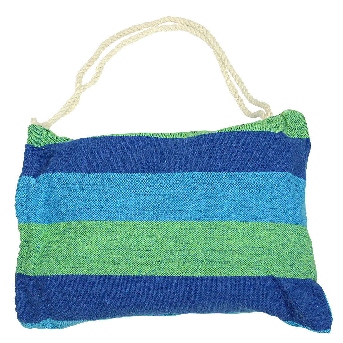 Sac de transport pour hamac 10T AzurinXL, tissu rayé bleu et vert, poignée en corde, conçu pour une personne, 100% coton, dimensions compactes, idéal pour le jardin, camping ou terrasse.