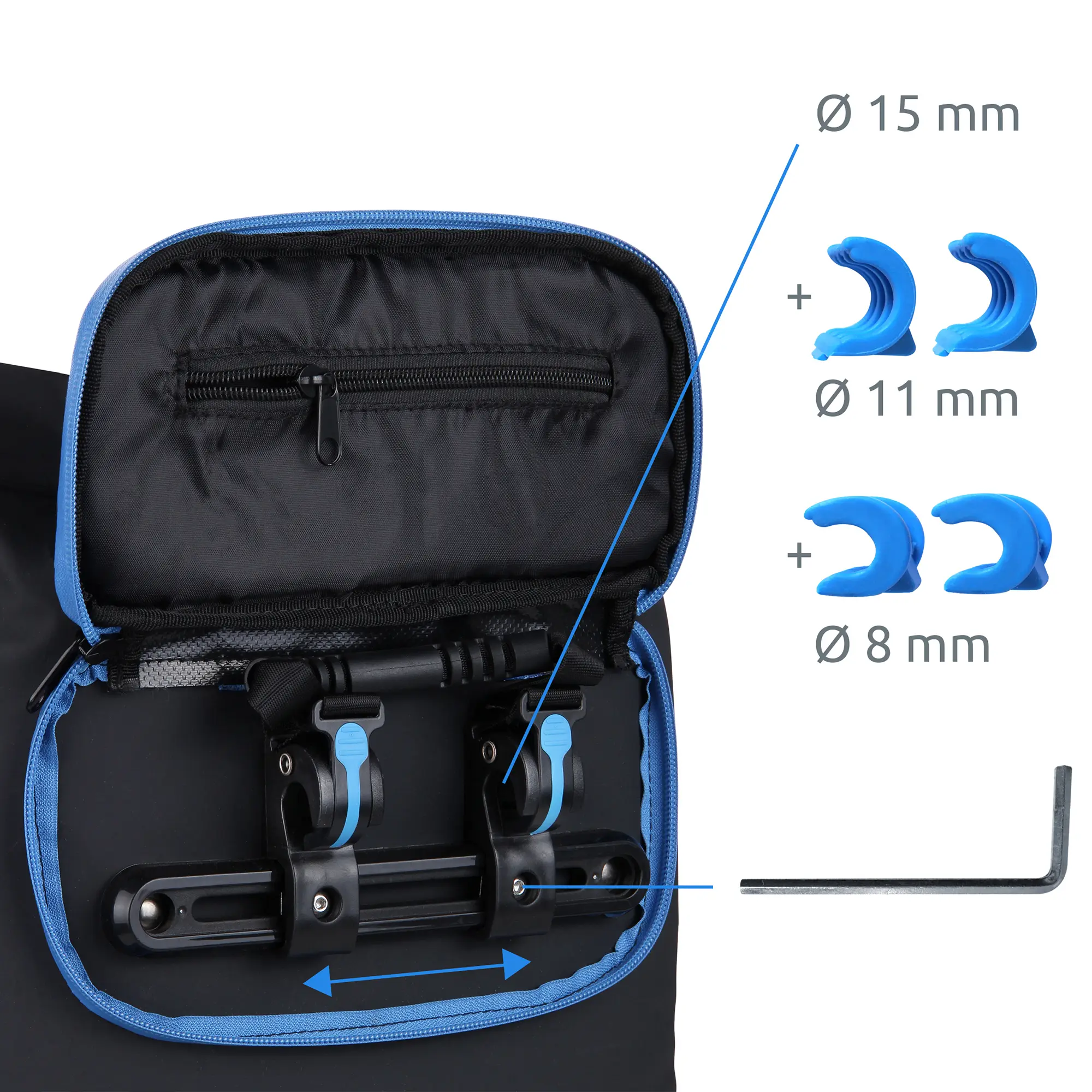 yourGEAR Arco 19L sac 3-en-1 pour vélo, montrant le système de fixation réglable pour porte-bagages, crochets avec inserts 8/11/15 mm et clé Allen, poche intérieure zippée visible, couleur noire et bleue.