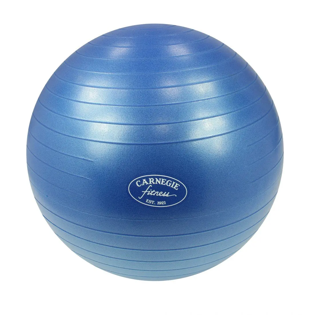 Palla da ginnastica blu Carnegie Fitness, superficie antiscivolo con linee orizzontali, diametro 65 cm, ideale per pilates, allenamento a casa e rafforzamento muscolare. Logo Carnegie Fitness visibile.