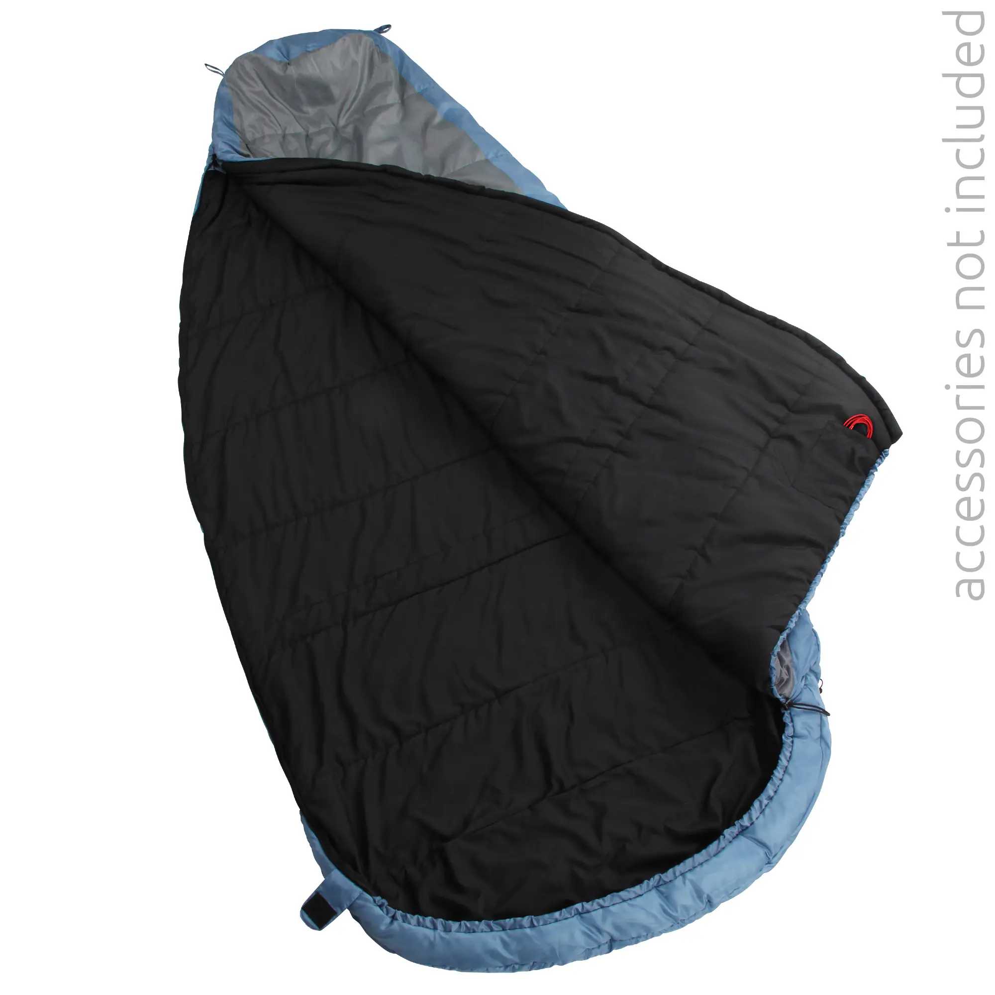 Extra breiter yourGEAR Campingschlafsack Calima XL in Blau-Grau, eiförmig, 230x110 cm, geöffnet gezeigt. Innen schwarz, mit großzügigem Schnitt für viel Bewegungsfreiheit, geeignet bis -10°C.