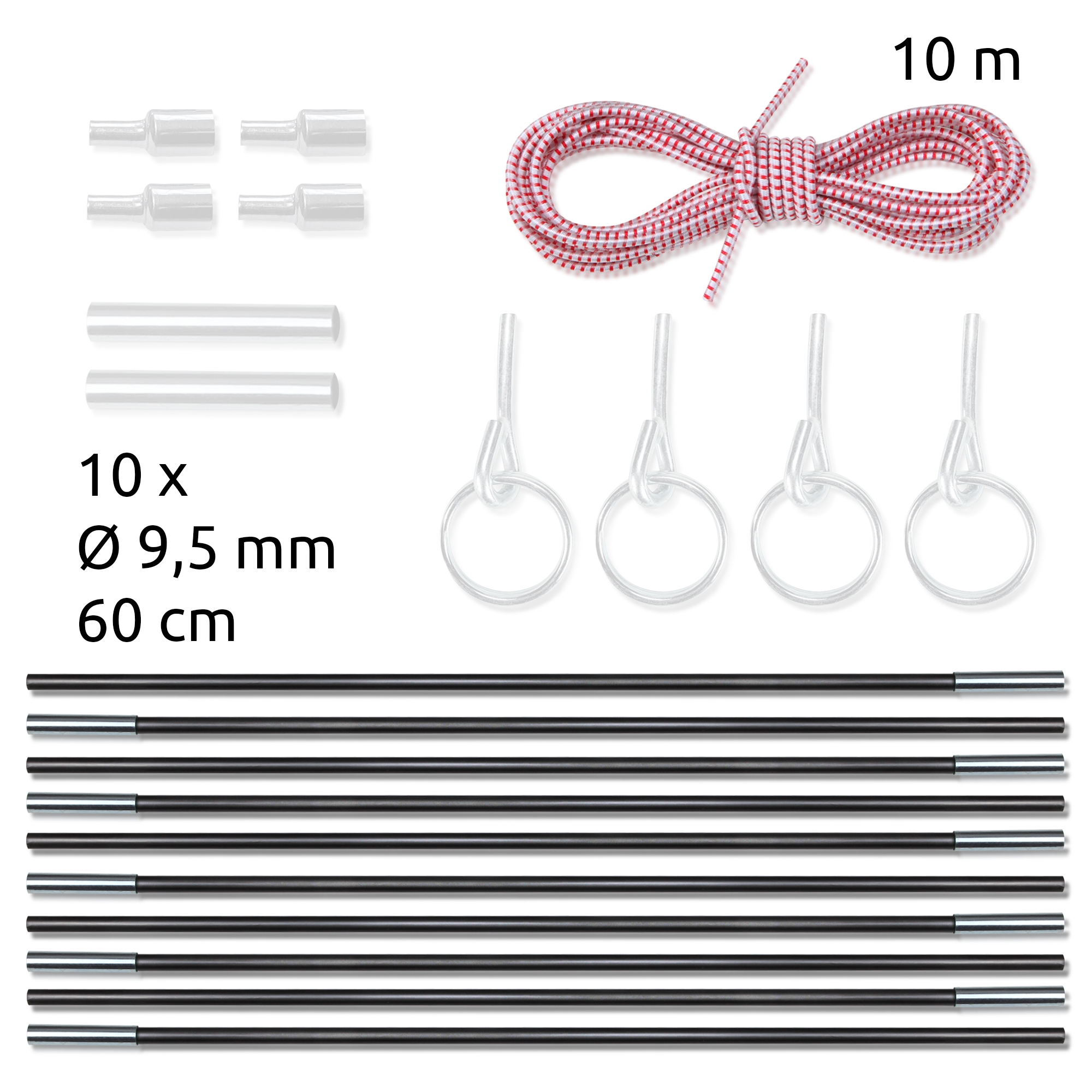 Set de reparación de varillas de tienda your GEAR FRP 9,5 mm: incluye 10 varillas de fibra de vidrio de 60 cm, cuerda elástica de 10 m, conectores y anillas metálicas, ideal para reparar estructuras de tiendas de campaña.