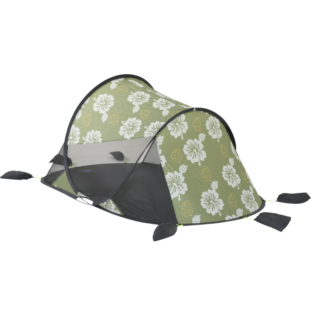 Grüne 10T Pop Up Strandmuschel mit weiß-gelbem Blumenmuster, UV 50+ Schutz, Bodenplane, schwarzen Sandtaschen und Netzfenster, geeignet für 2 Personen, ideal als Sonnenschutz am Strand oder beim Camping.