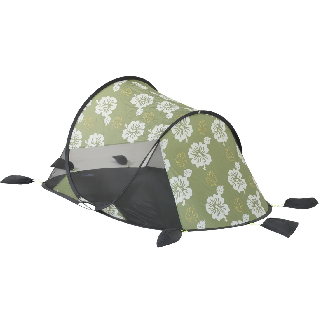 Grüne 10T Pop Up Strandmuschel mit weiß-gelbem Blumenmuster, UV 50+ Schutz, Bodenplane, schwarzen Sandtaschen und Netzfenster, geeignet für 2 Personen, ideal als Sonnenschutz am Strand oder beim Camping.