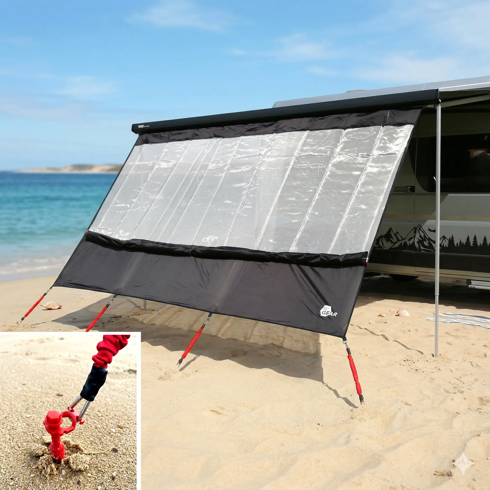 your GEAR Phoenix Sun & Rain 2.4x2m awning front wall with silver reflective mesh upper panel and black lower cover, tensioned by red elastic guy lines and sand anchors, attached to camper awning on a sandy beach