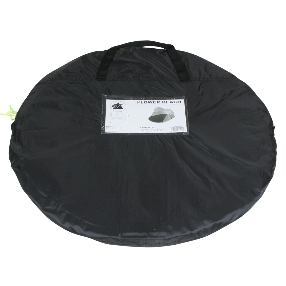 Schwarze, runde Tragetasche mit Henkeln für die 10T Pop Up Strandmuschel Flower UV 50+, Etikett mit Produktabbildung und Anleitung auf der Vorderseite, kompakt für einfachen Transport.