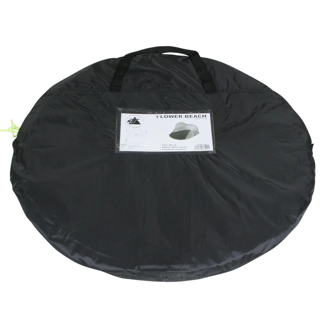 Schwarze, runde Tragetasche mit Henkeln für die 10T Pop Up Strandmuschel Flower UV 50+, Etikett mit Produktabbildung und Anleitung auf der Vorderseite, kompakt für einfachen Transport.