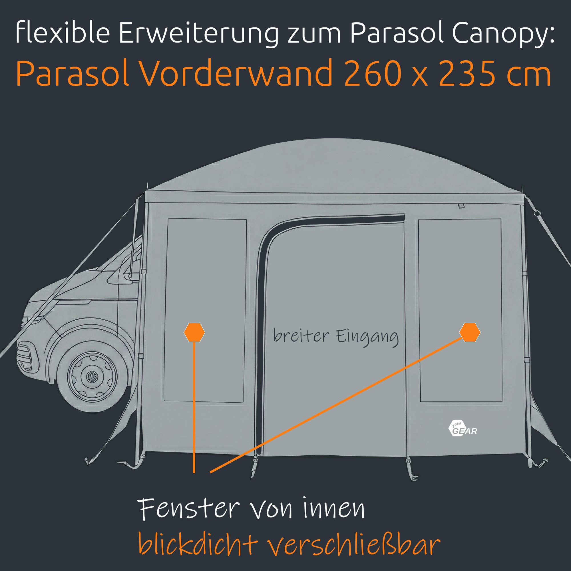 Paroi avant your GEAR pour Parasol 260x235 cm en tissu gris, porte centrale zippée arrondie, deux fenêtres rectangulaires, brides et sangles d’attache, logo bas droit, protection UV et imperméable visible.