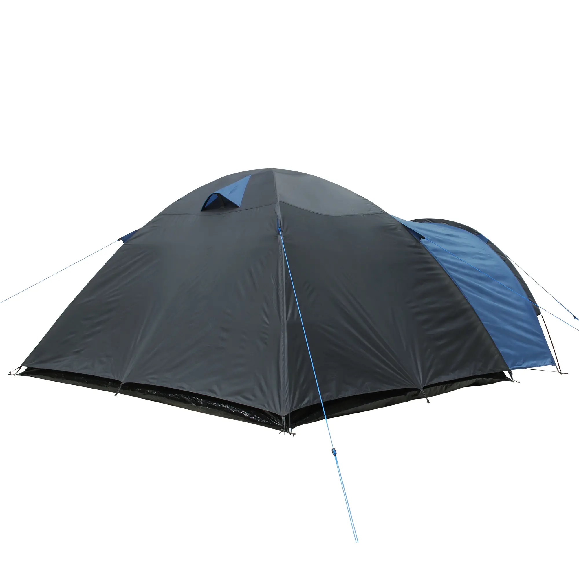 Blue and grey yourGEAR Posada 4 dome tent for 4 people, featuring a large vestibule, side entrance, ventilation window, and waterproof material, shown pitched with guy lines. Ideal family camping tent.
