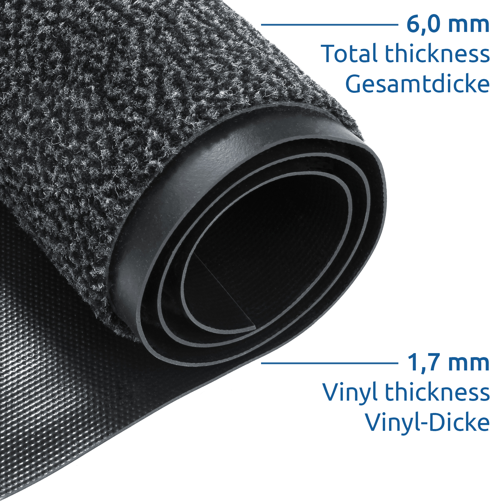 Rolled yourGEAR dirt-trapping mat 60x45cm, showing textured grey surface and black anti-slip vinyl backing, labeled with total thickness 6.0 mm and vinyl thickness 1.7 mm, suitable for indoor and outdoor use.