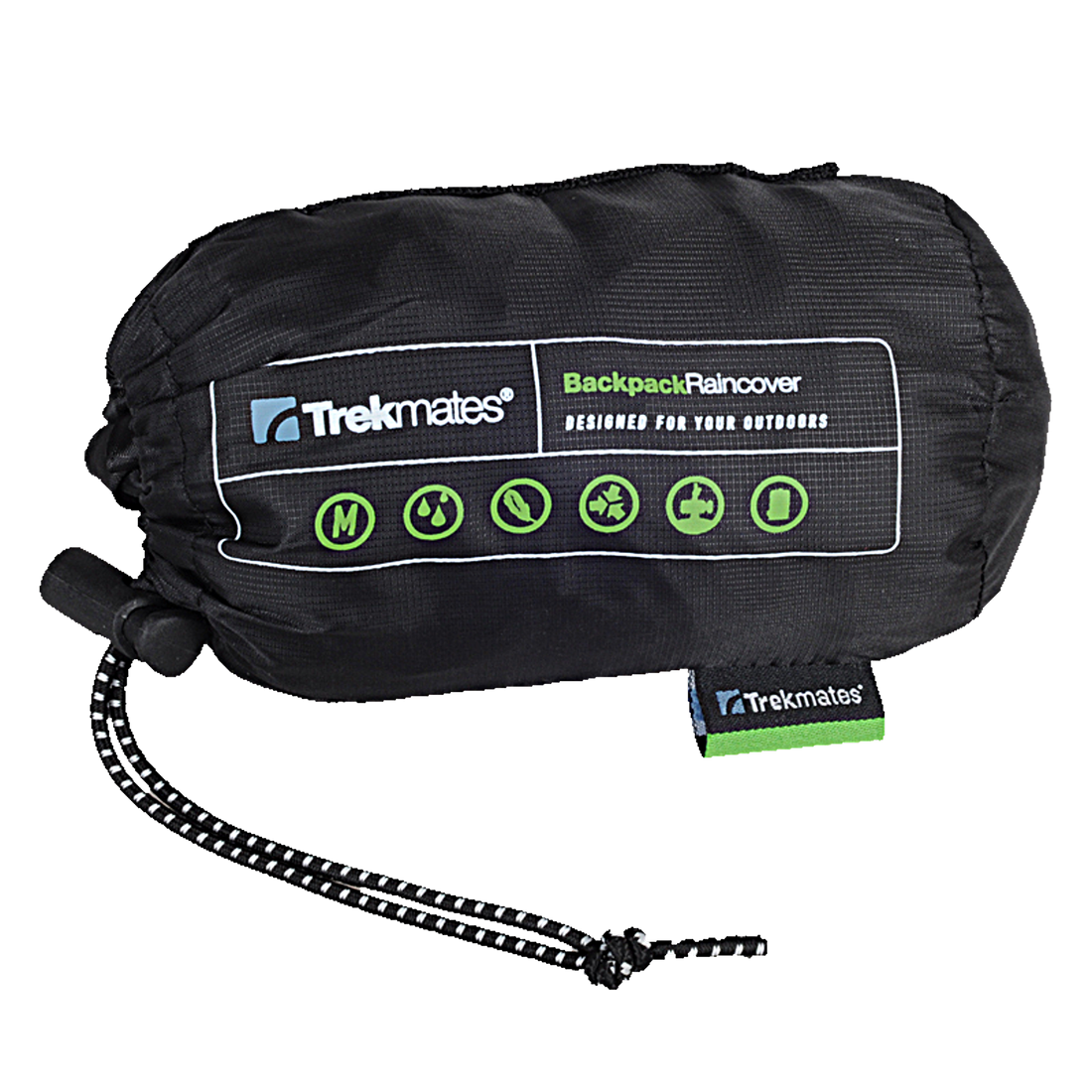 Black Trekmates Backpack Raincover S, compact and lightweight in its pouch with drawstring, waterproof nylon material, suitable for 35-45L backpacks, visible branding and icons on the front.