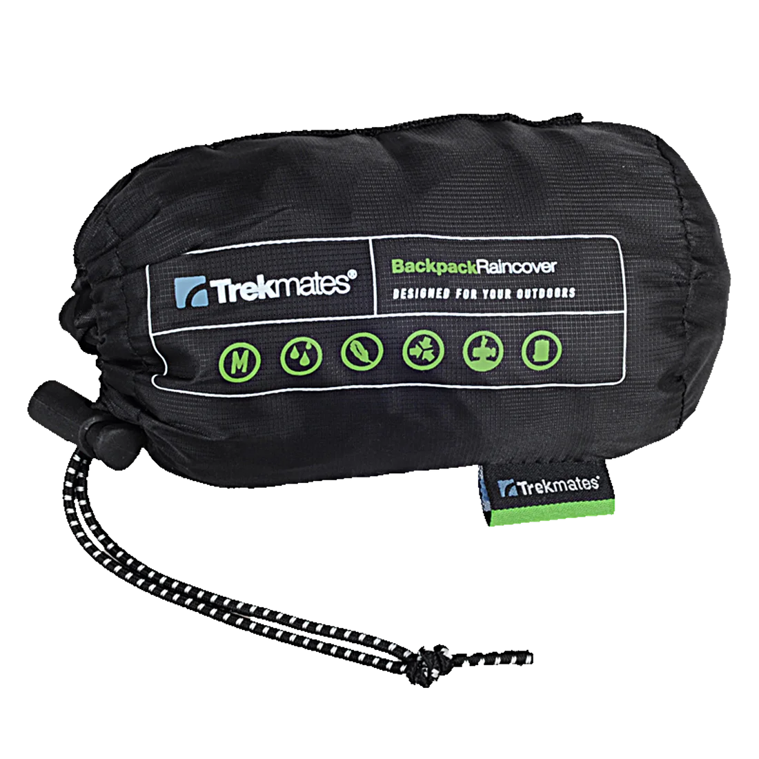 Housse de pluie noire Trekmates pour sac à dos, compacte et légère, avec logo, cordon de serrage et pictogrammes, adaptée aux sacs de 35-45L, 100 % nylon, imperméable, livrée dans son sac de rangement.