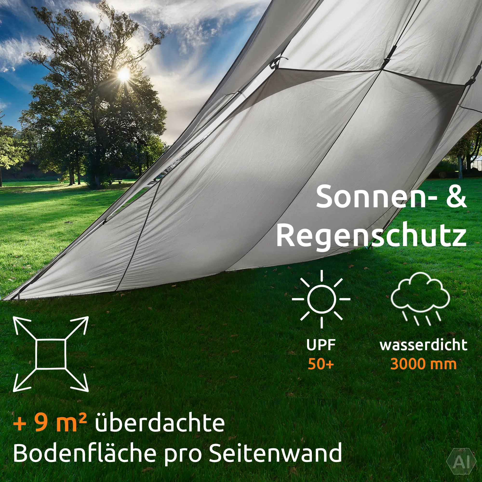 Grey your GEAR Sonora PES sidewall attached to a pavilion, showing waterproof fabric panels, reinforced seams, tie loops and angled support poles against a sunny park background (UPF 50+, 3000 mm waterproof rating).