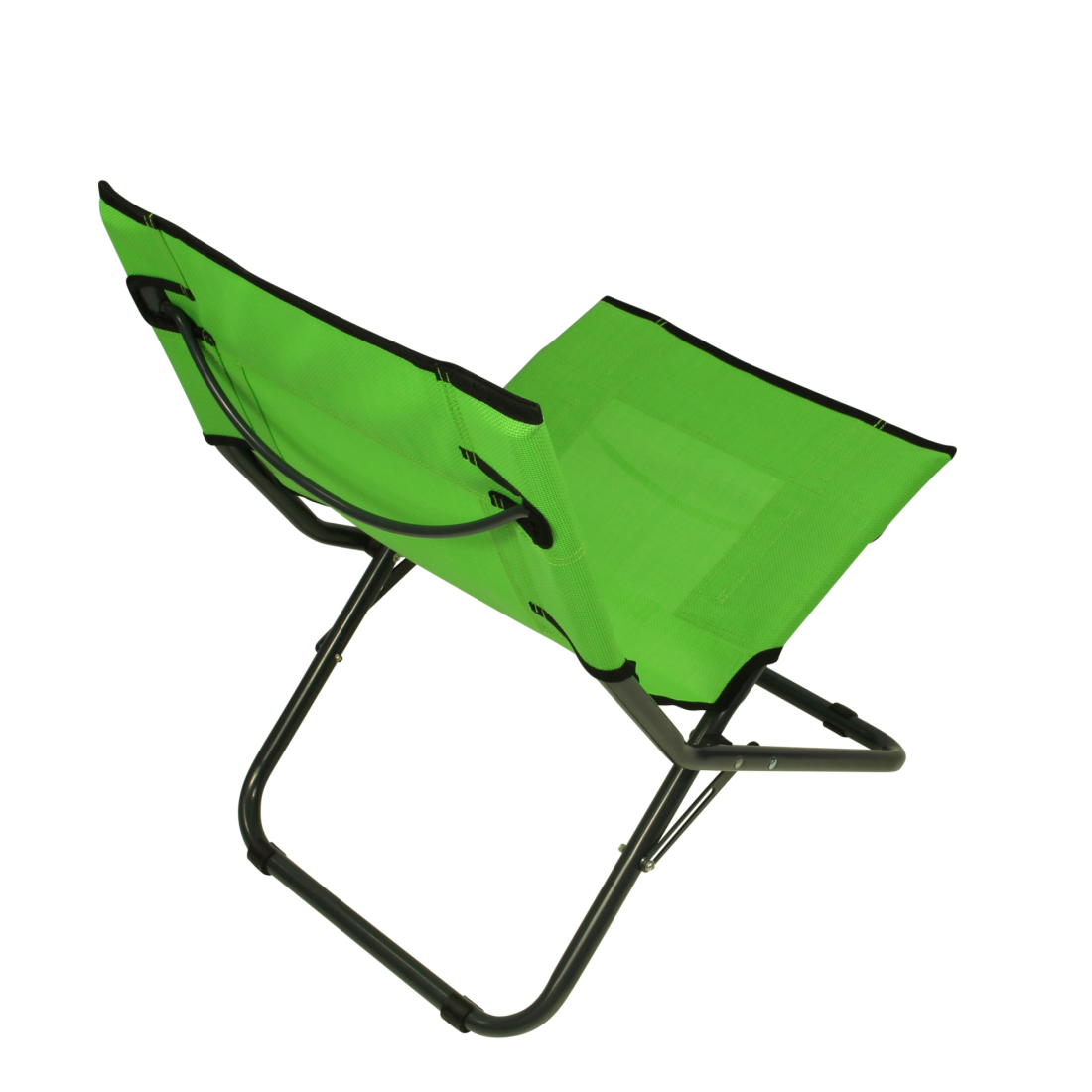 Green Fridani BCG XL folding beach chair with breathable fabric, black metal frame, and carrying handle. Compact, lightweight design ideal for camping, garden, or outdoor use. View from above.