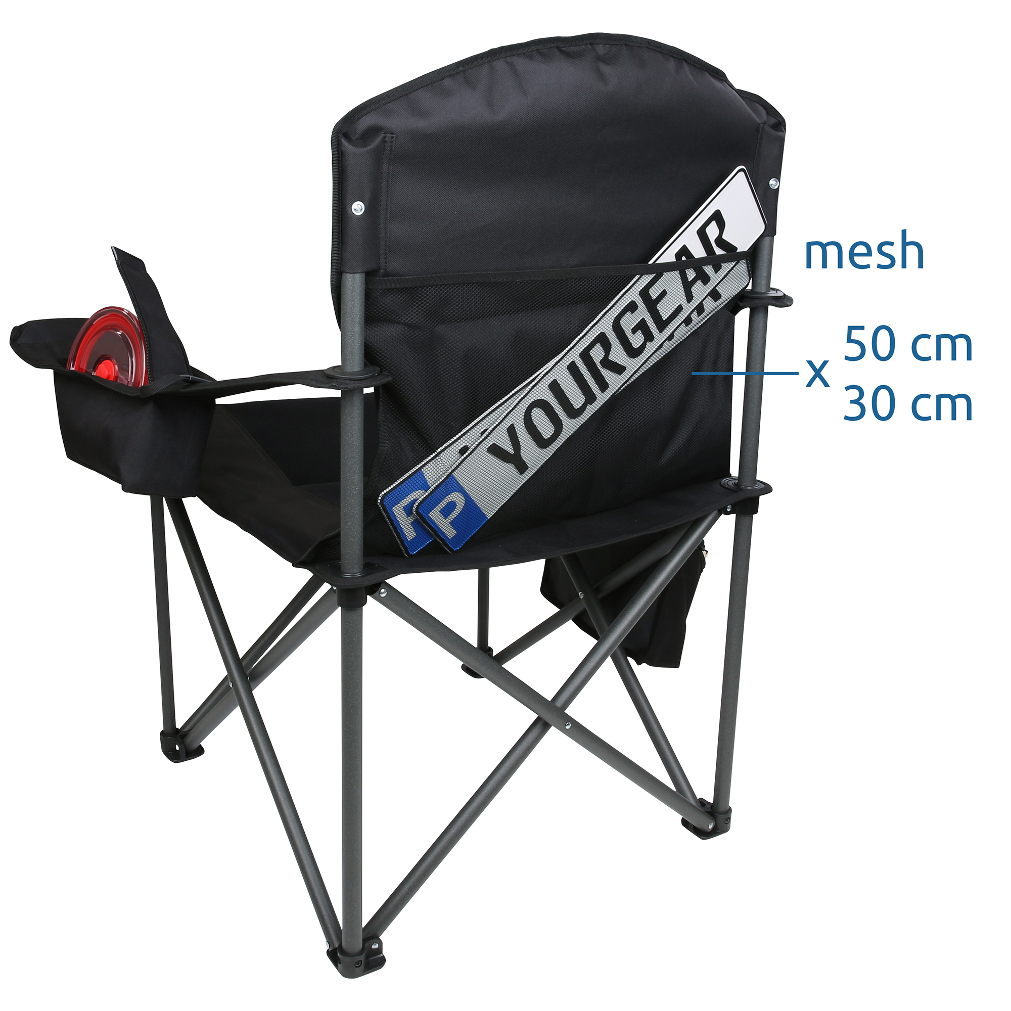 your GEAR Fano camping chair, black, with sturdy 3D mesh back, foldable frame, cup holder, organizer, and cooler bag on the side; supports up to 250 kg, TÜV certified, dimensions marked on mesh pocket.