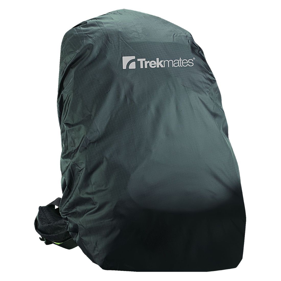Trekmates Backpack Rain-Cover S, schwarze wasserdichte Regenhülle aus Nylon für Rucksäcke 35-45 Liter, leicht, kompakt, mit Sicherheitsverschluss und sichtbarem Trekmates-Logo auf der Vorderseite.
