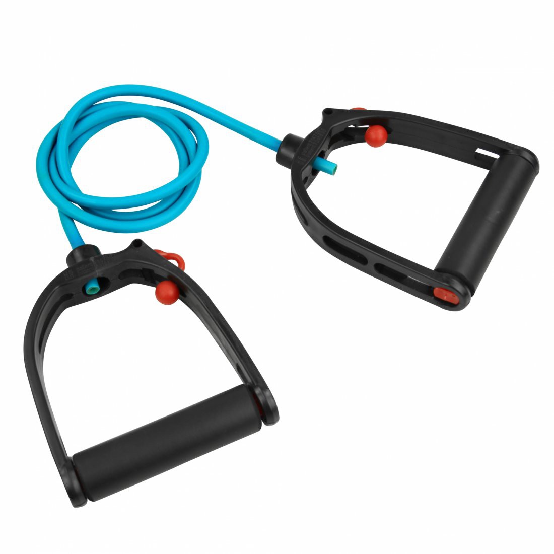 Adjustable Carnegie Fitness resistance tube, medium strength, with blue elastic band and black foam handles. Ideal for strength training, home workouts, and portable fitness routines.
