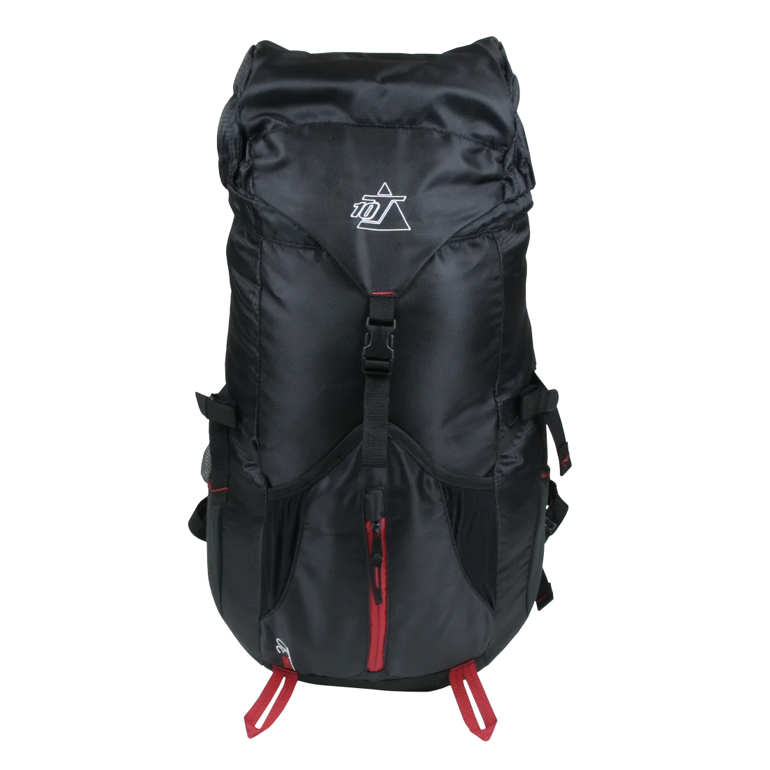 10T Towa 30L hiking backpack in black with red accents, front zip pocket, adjustable straps, and top flap. Features include rain cover and hydration system compatibility, ideal for trekking and day trips.