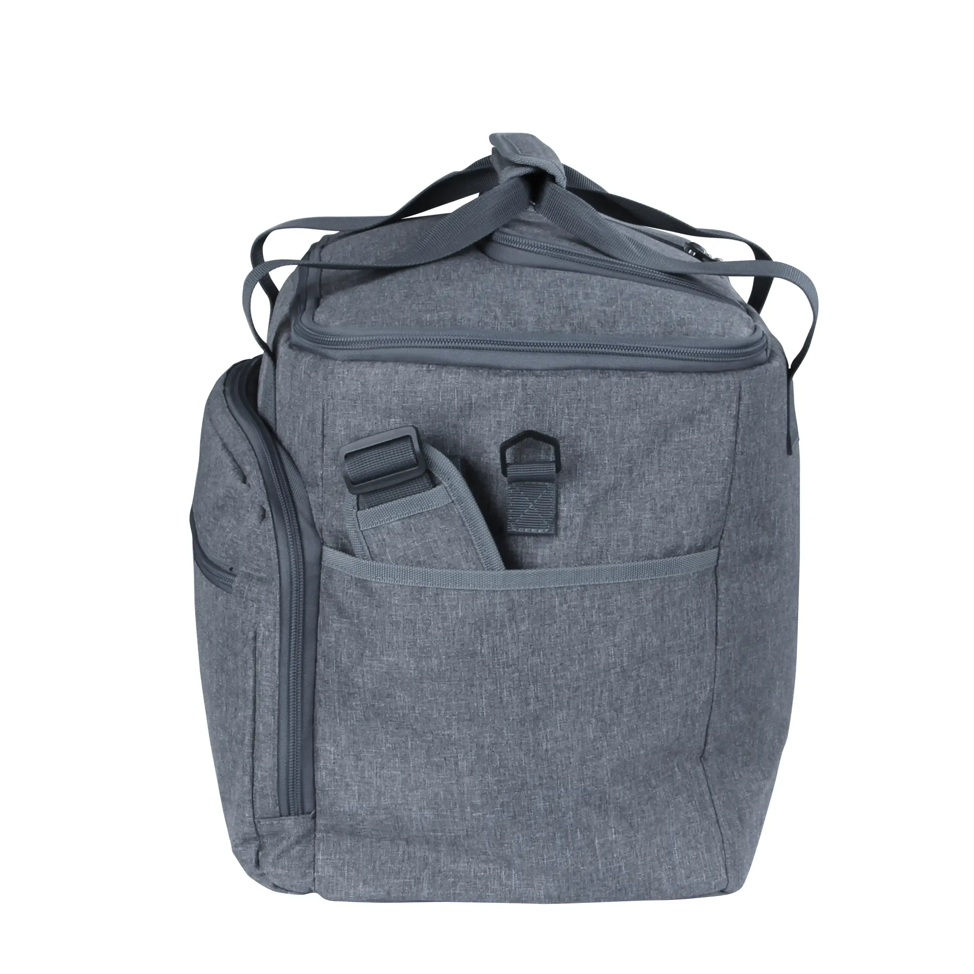 Large gray your GEAR Cavoli 30L foldable cooler bag with sturdy handles, zippered top, front pocket, and adjustable shoulder strap, designed for picnics, groceries, and keeping items hot or cold.