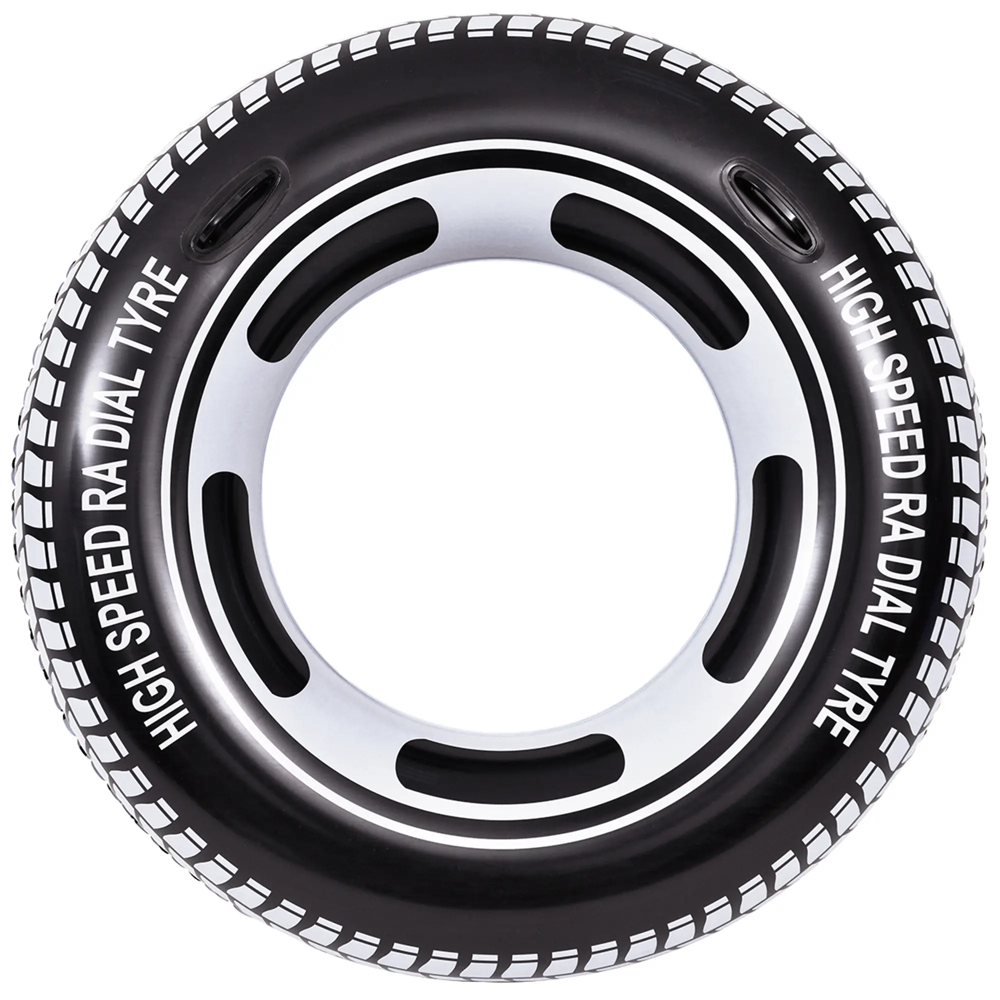 XL inflatable swimming ring by Jilong in black and white car tyre design, with "HIGH SPEED RADIAL TYRE" text, made of durable vinyl, approx. 110 cm diameter, suitable for adults and children.