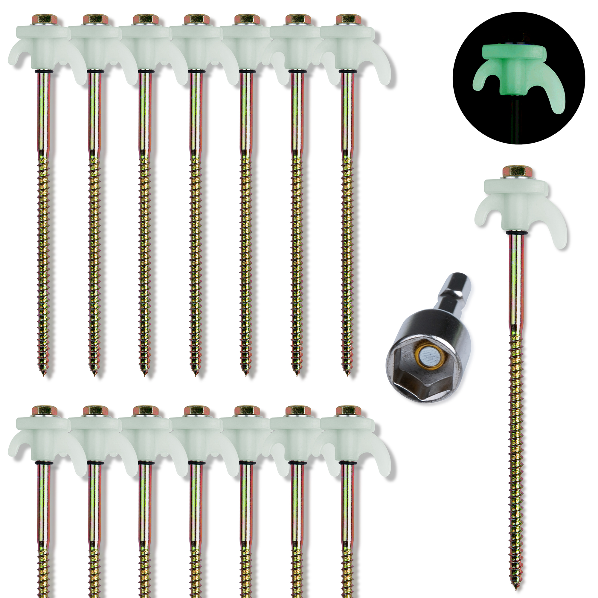 15 your GEAR Screw 200 Zeltheringe aus Stahl mit fluoreszierendem Kunststoffkopf, Sechskantkopf, Haken zur Leinenbefestigung und 13 mm Bit, ideal für harten Boden beim Camping und Outdoor-Einsatz.