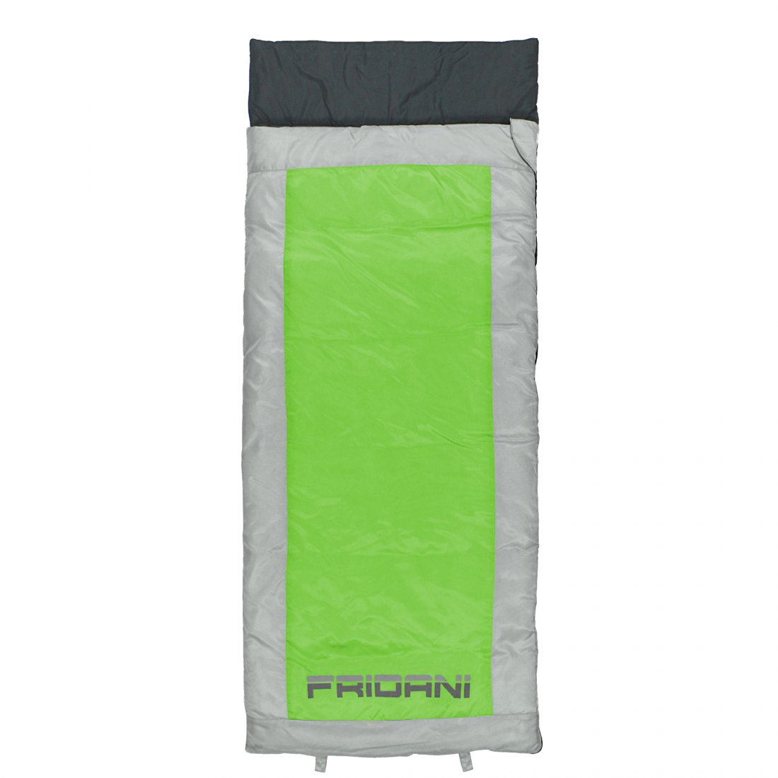 Fridani Kinderschlafsack QG 170 x 70 cm, rechteckig, in Grün mit grauem Rand, wasserabweisend, waschbar, geeignet für Kinder, XL-Format, Deckenschlafsack, sichtbares Fridani-Logo am Fußende.