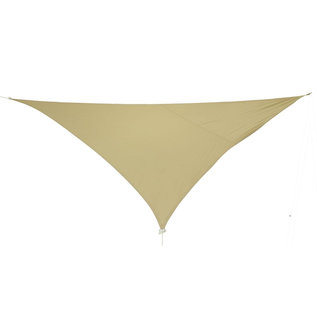 Beige 10T Wilson triangular tarp sun sail, 3.6m per side, weather-resistant, waterproof, with UV 80+ protection. Includes guy lines, shown stretched out for outdoor use in garden, terrace, or camping.