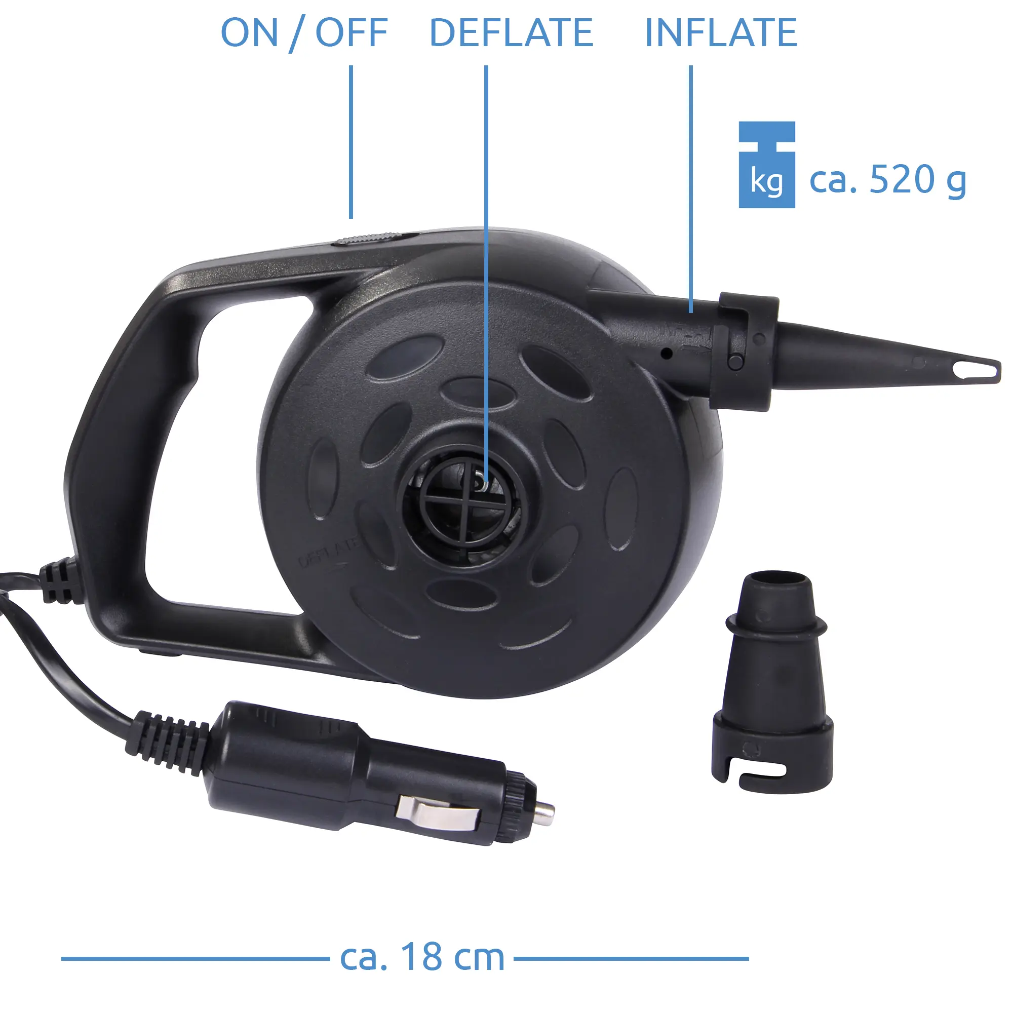 Pompa elettrica Blueborn P110 nera da 12V, 110W, con due ugelli, presa accendisigari, funzione gonfiaggio e sgonfiaggio, peso circa 520g, lunghezza circa 18cm, ideale per materassini e piscine.