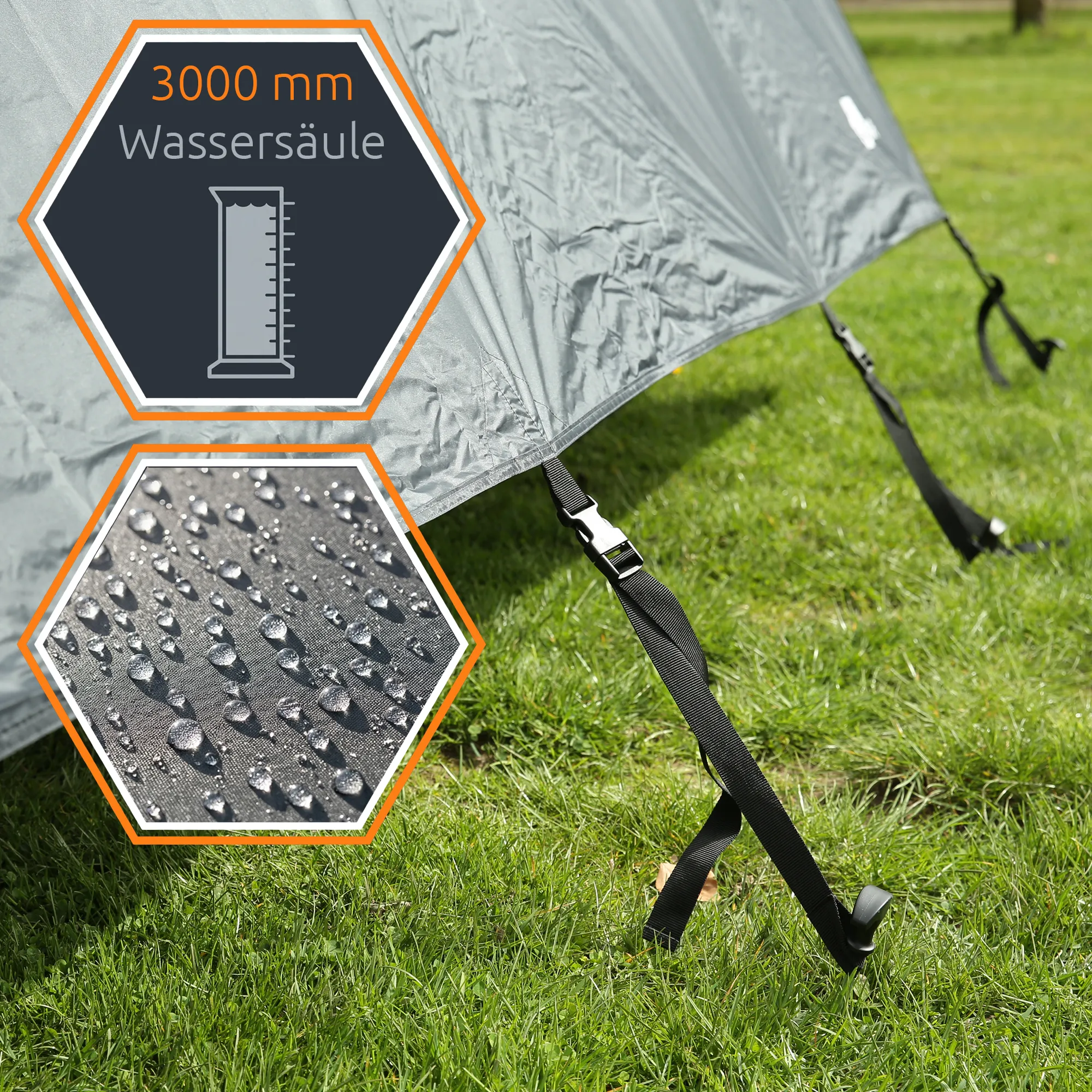 your GEAR Korsika 2.4 grey awning wall set with front and two side panels, waterproof fabric with water droplets, adjustable black straps and buckles pegged to grass, 3000 mm water column label visible