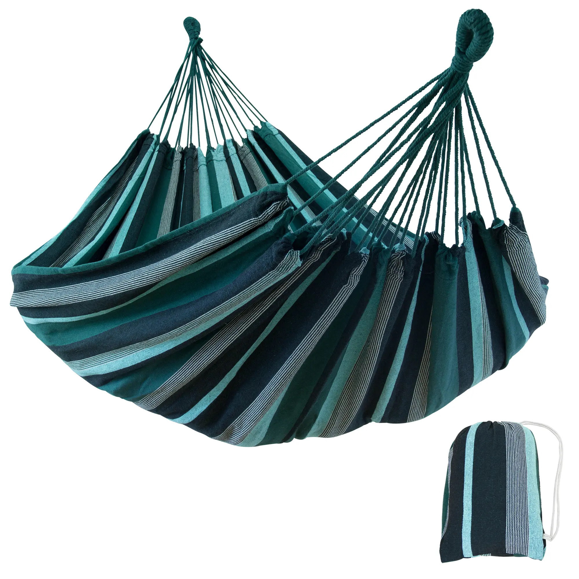 Hamac yourGEAR Cebu Smaragd 220x160 cm, coton rayé vert et bleu, capacité 300 kg, livré avec sac de transport assorti. Idéal pour deux personnes, usage intérieur et extérieur.