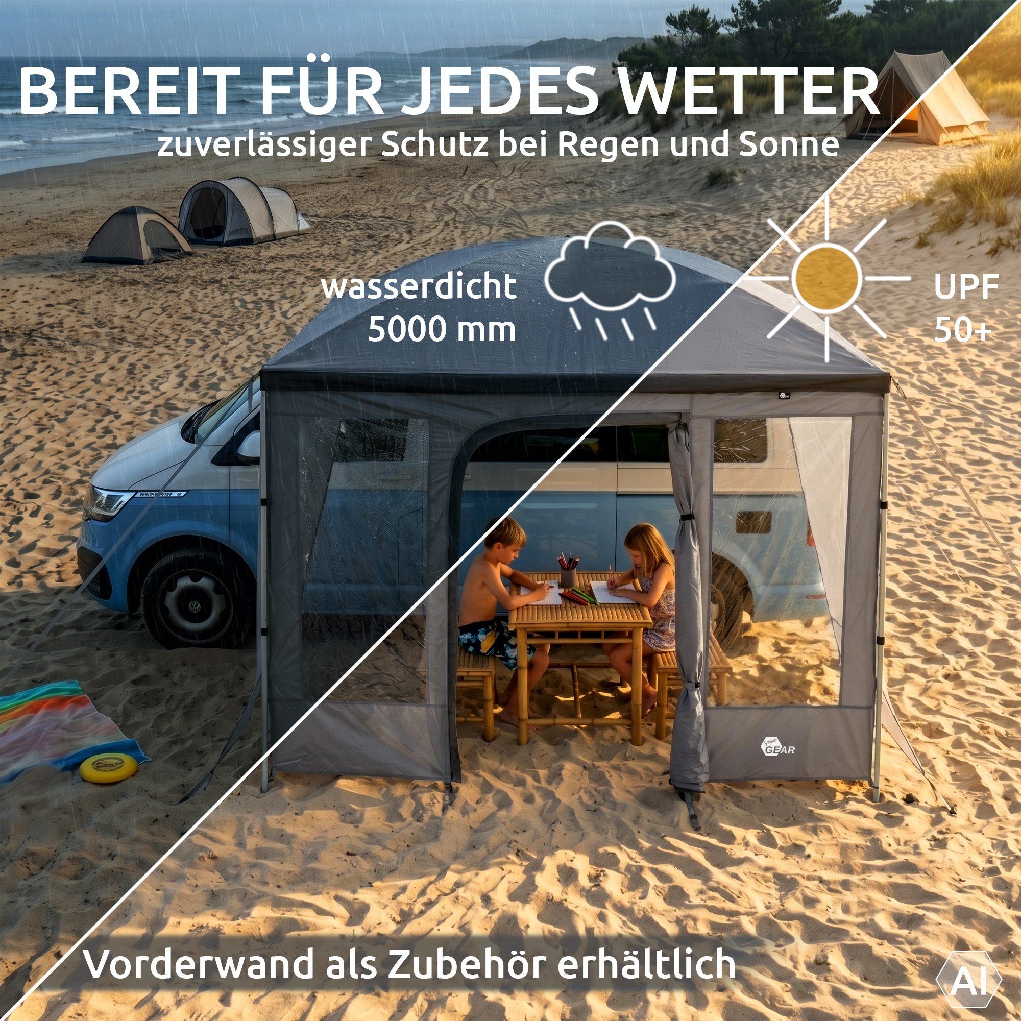 Auvent your GEAR 2,6×2,6 m fixé à un van, toit en tissu gris avec arceaux croisés, parois latérales amovibles, protection pluie 5000 mm et UPF50+, espace debout pour camping.