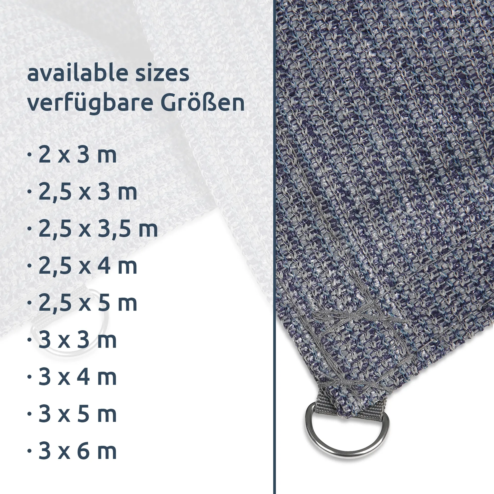 HDPE awning carpet your GEAR Toskana in grey-blue, close-up of corner with sturdy D-ring, available in multiple sizes from 2x3m to 3x6m, robust and weatherproof for camping or outdoor use.