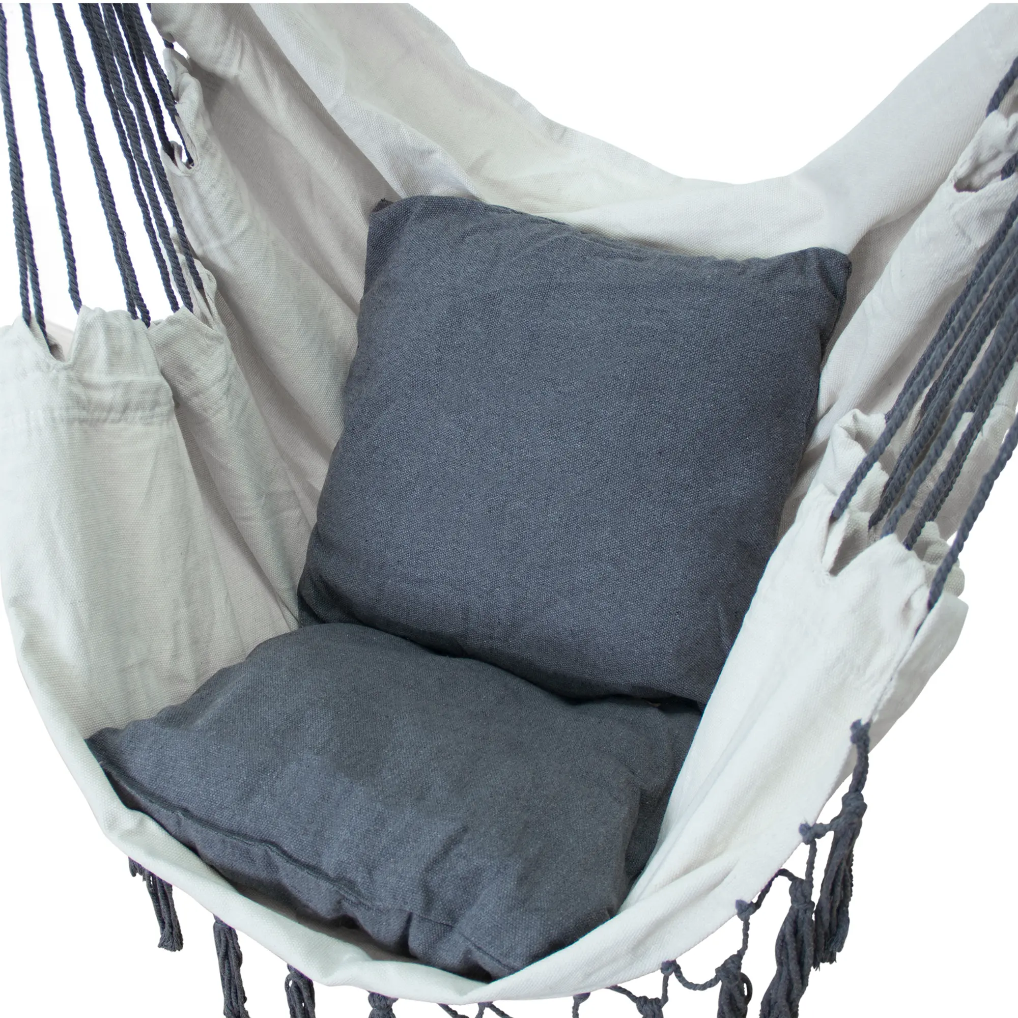 yourGEAR Elba XL hanging chair in light fabric with two removable dark grey cushions, sturdy ropes, and decorative tassels, designed for indoor and outdoor relaxation, supports up to 240 kg.