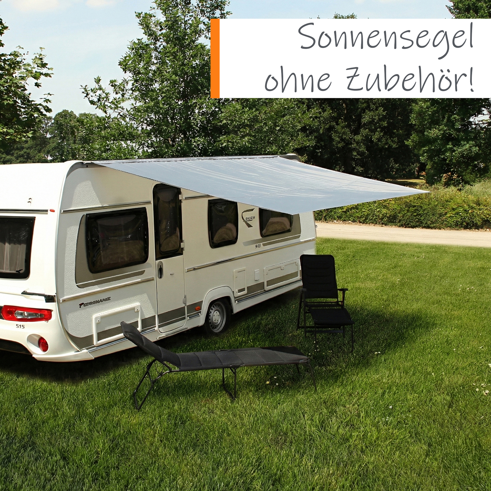 White rectangular caravan awning tarp (3x2.4m) attached above caravan door, UV50+ waterproof fabric stretched outward creating shaded area over grass with two black camping chairs and a lounger nearby.