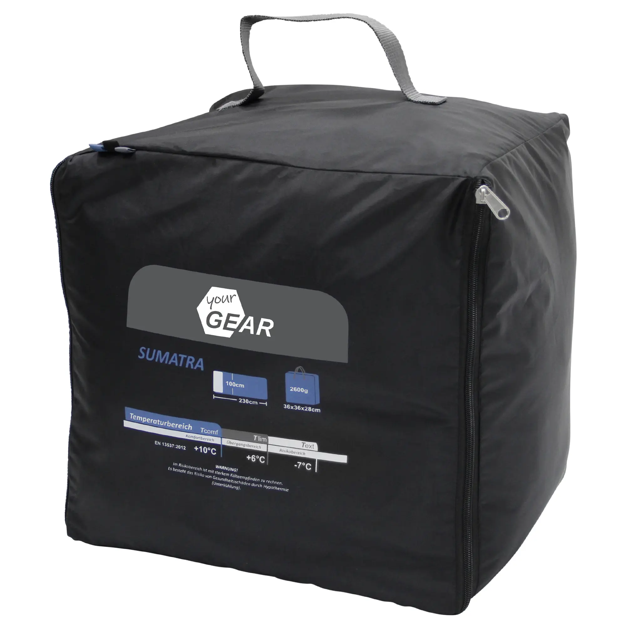 yourGEAR XXL Schlafsack Sumatra im schwarzen Kompressionspacksack, rechteckige Form, Aufdruck mit Produktdetails, Tragegriff oben, Reißverschluss an der Seite, geeignet für 3-4 Jahreszeiten, Maße 230x100 cm.