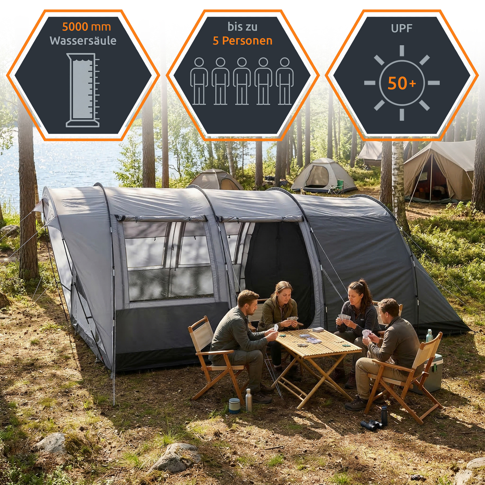Tente familiale your GEAR Bora 5 places tunnel grise avec large auvent et fenêtres, hauteur debout 195 cm, double-rideau, bâche de sol, 5 m de long, panneaux d’information 5000 mm imperméabilité et protection solaire UPF 50+.