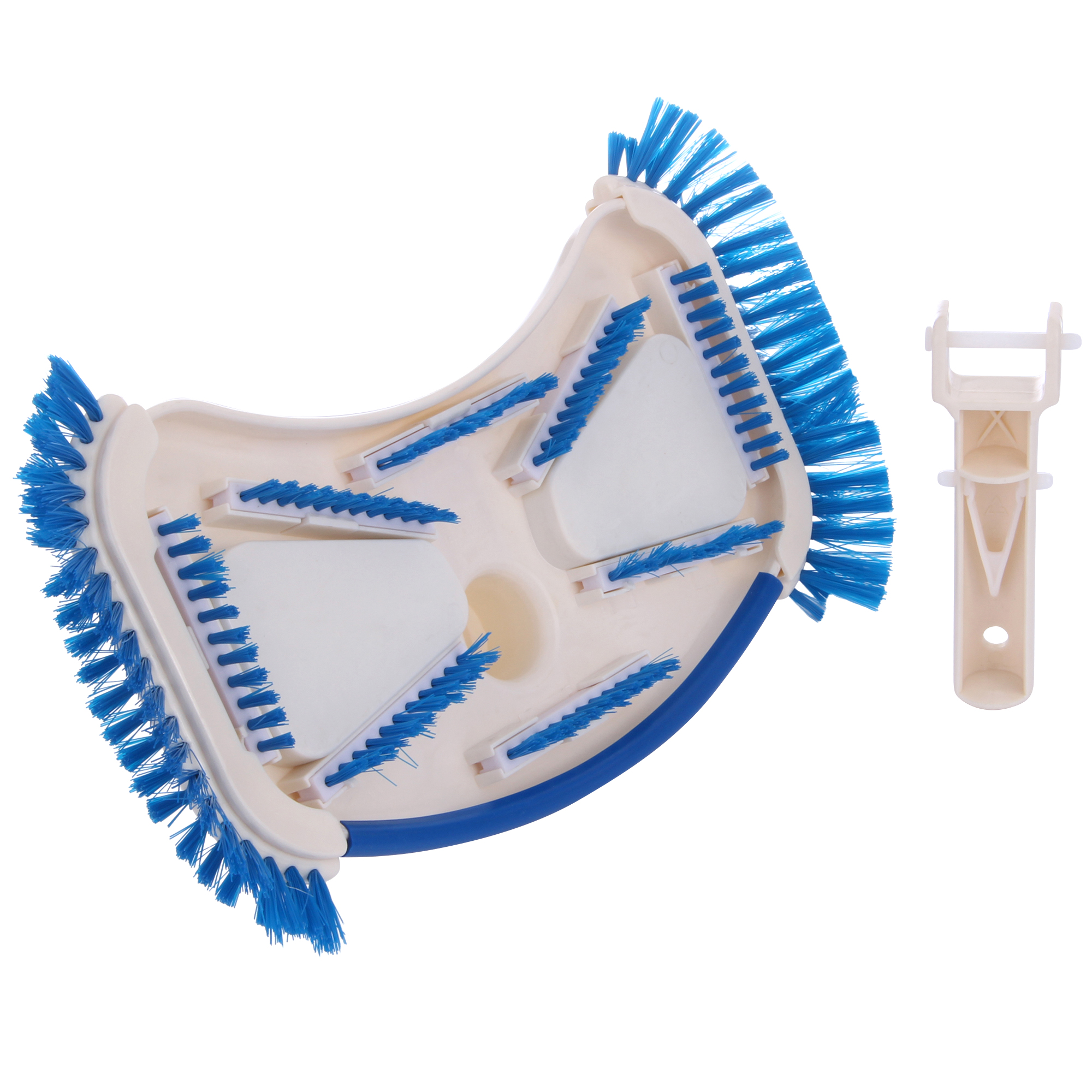 Aspirateur de piscine yourGEAR VH-B avec brosses latérales bleues, bande de protection en caoutchouc et raccord 32/38 mm, conçu pour un nettoyage efficace des piscines et bassins. Accessoire beige inclus.