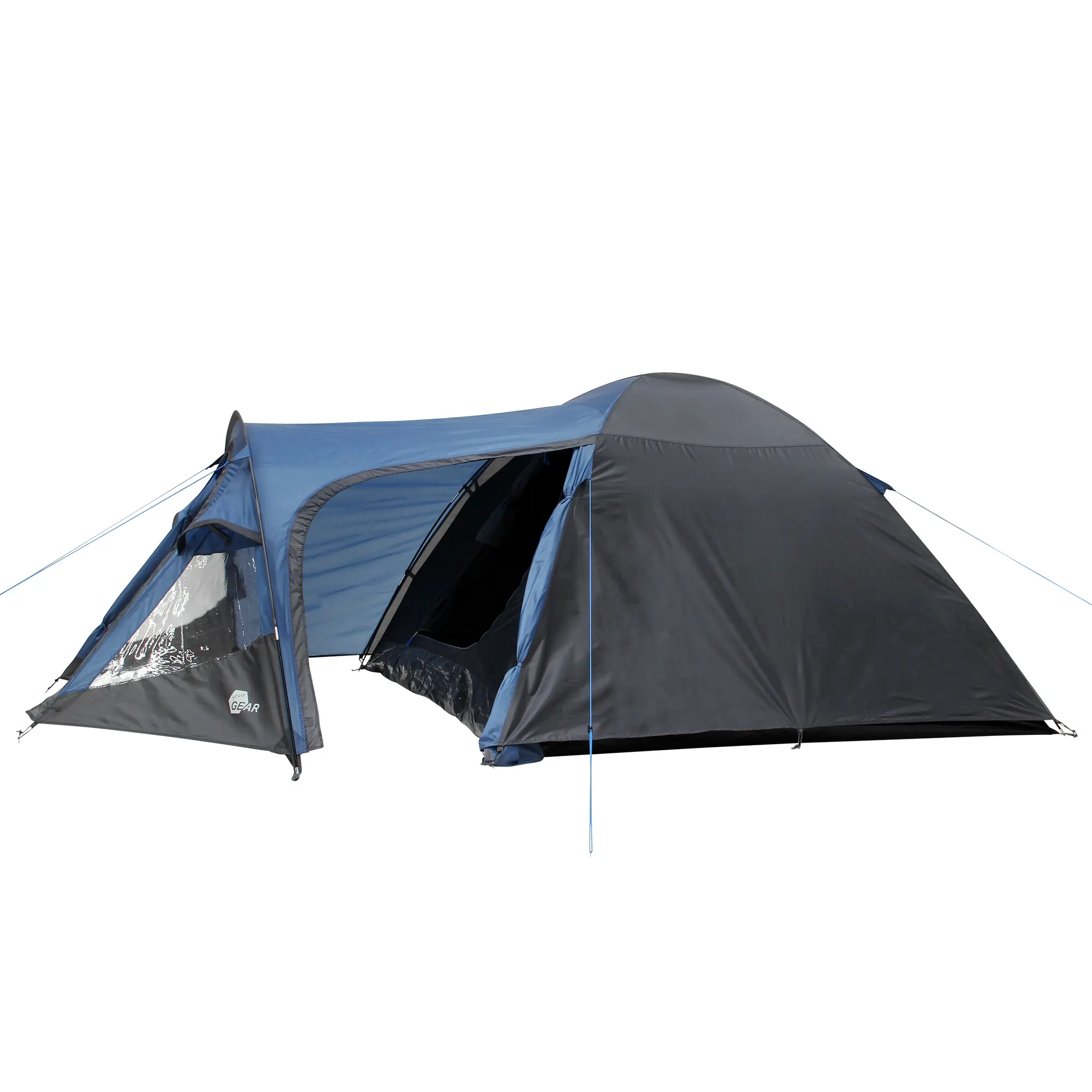 yourGEAR Posada 4-person dome tent in blue and grey, featuring a large vestibule, two entrances, windows, and ventilation; waterproof design suitable for family camping.