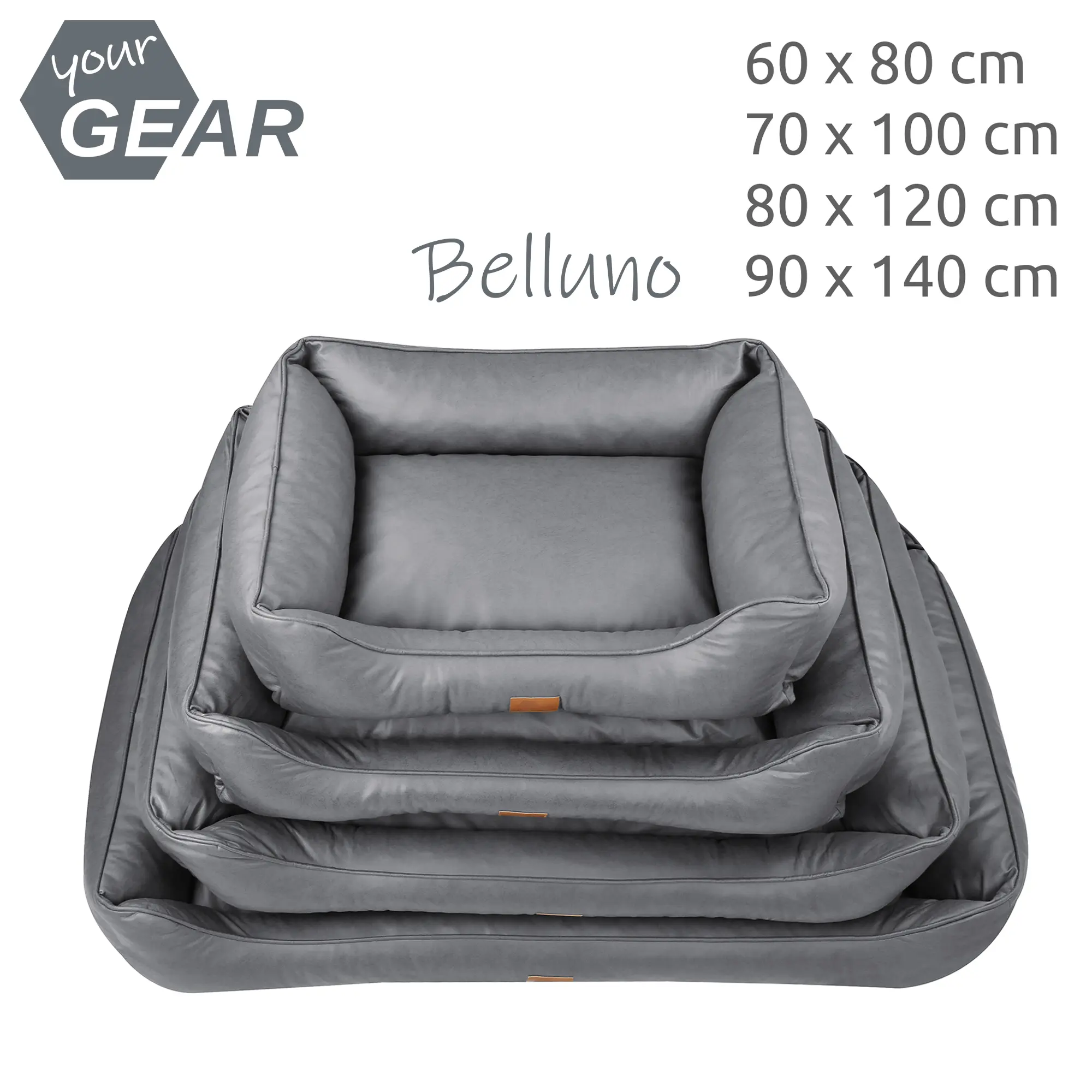 Letto ortopedico per cani your GEAR Belluno 80x120 cm, colore grigio, forma rettangolare, bordi alti e morbidi, materiale lavabile, disponibile in diverse misure, ideale per il comfort del cane.