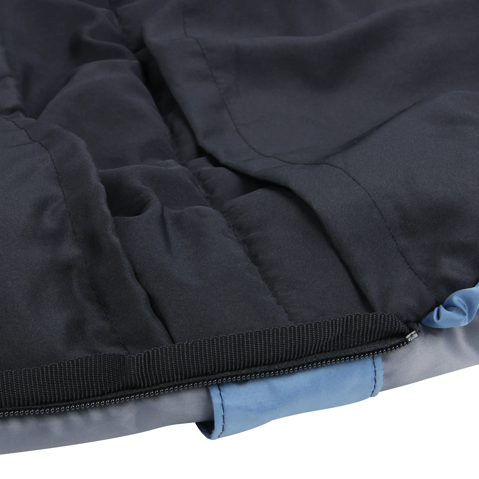 Dettaglio del sacco a pelo yourGEAR Sirocco blu e grigio, doppio strato, tessuto imbottito, cerniera visibile, ideale per campeggio 3-4 stagioni, dimensioni 230x80 cm, adatto a basse temperature.