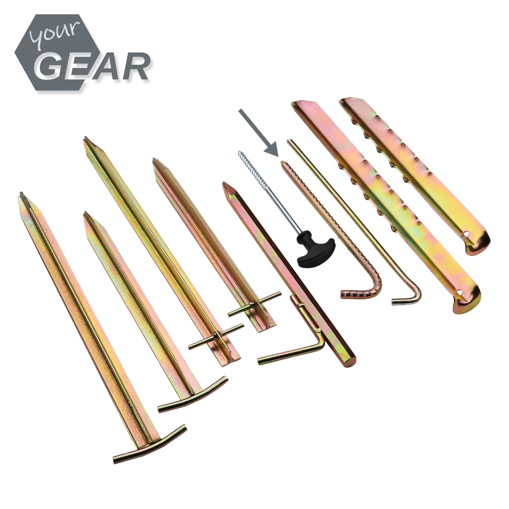 Juego de 20 piquetas your GEAR RX 250, herrajes de acero con refuerzo de costillas, diámetro 10x250 mm, diferentes formas y tamaños, ideales para fijación de tiendas de campaña y accesorios de camping.