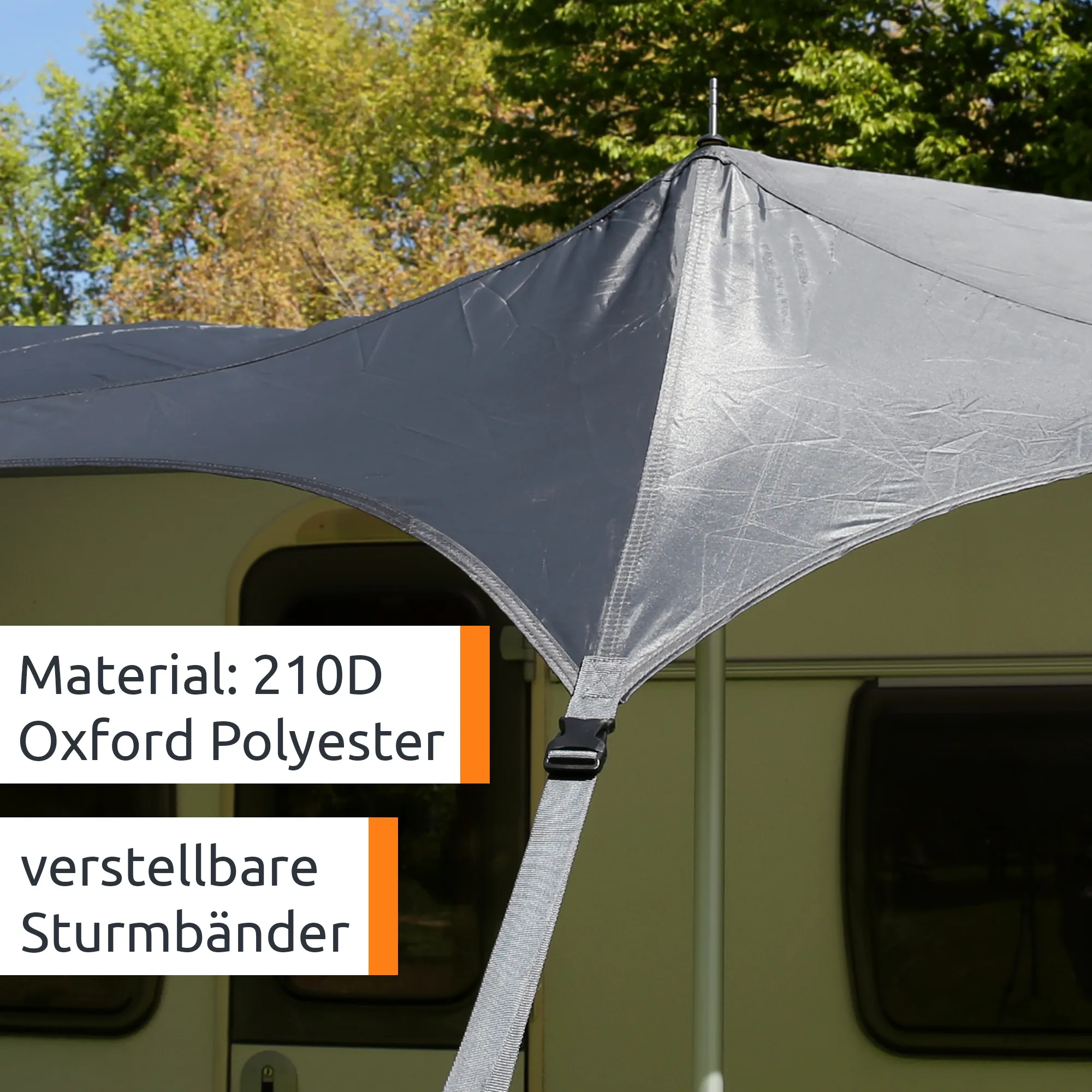 Close-up of grey your GEAR Scilla PES caravan sunroof tarpaulin showing reinforced stitched seams, corner buckle with adjustable strap and peak pole attachment against a camper background.
