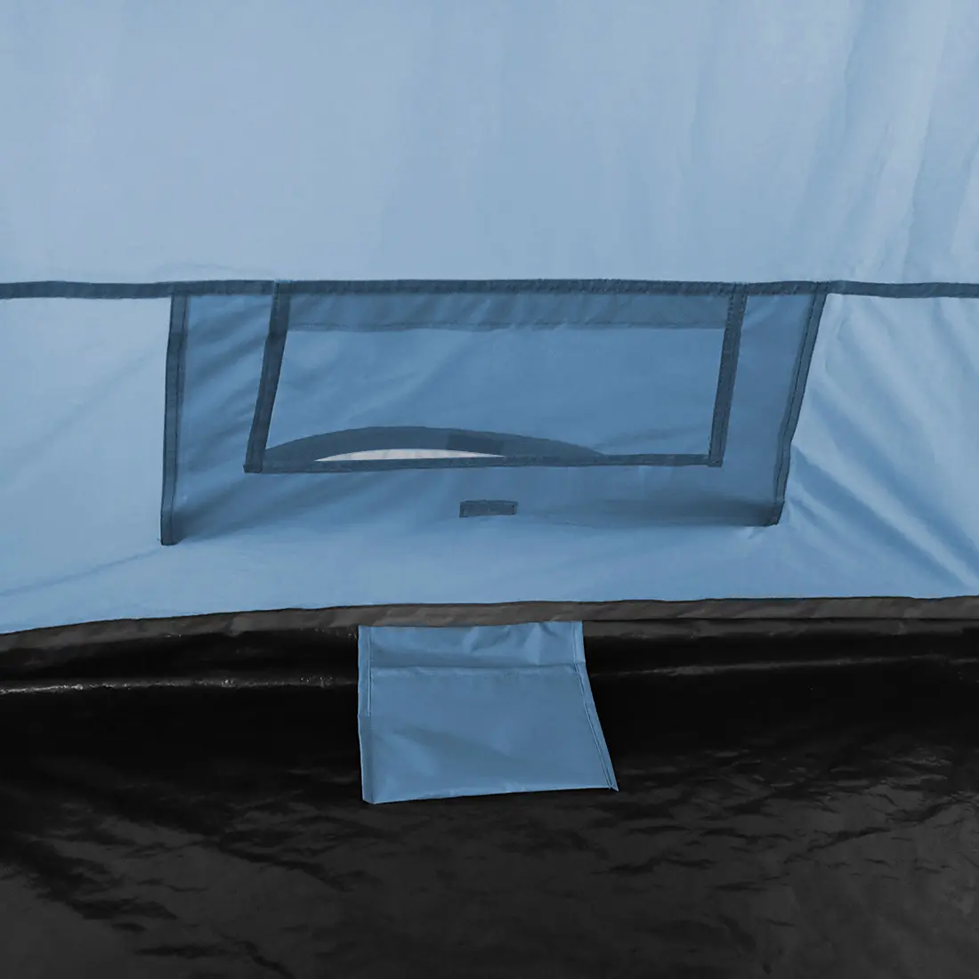 Close-up of the your GEAR Lido 290 tipi tent showing the sewn-in bathtub floor, integrated insect protection mesh window, and durable waterproof materials for 2-3 people camping.