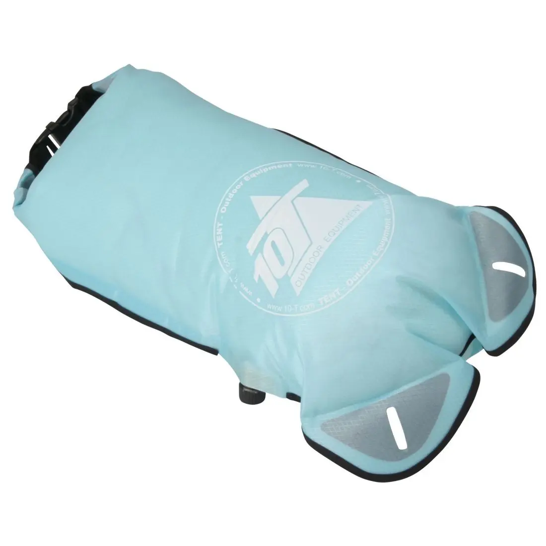 10T Dry Bag WPC 15 Liter in Hellblau, wasserdichter und schwimmfähiger Packsack mit seitlichem Ventil zur Kompression, reflektierenden Elementen und schwarzem Rollverschluss. Outdoor-Ausrüstung, robustes Material.