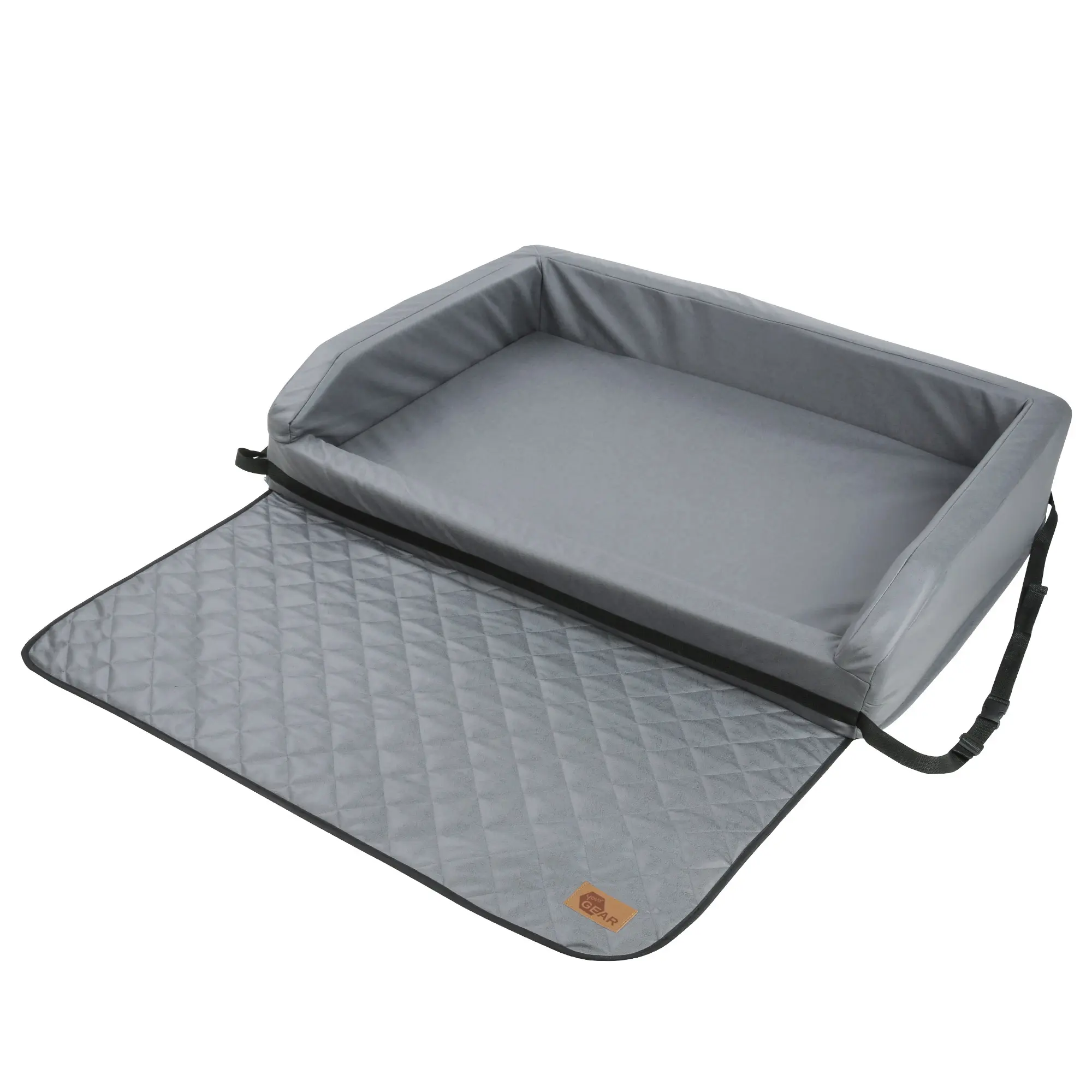 Lit pour chien your GEAR Termoli 100 x 70 cm en gris, avec rebords rembourrés et protection de pare-chocs matelassée dépliable, idéal pour le coffre de voiture, fixation par sangles visible.