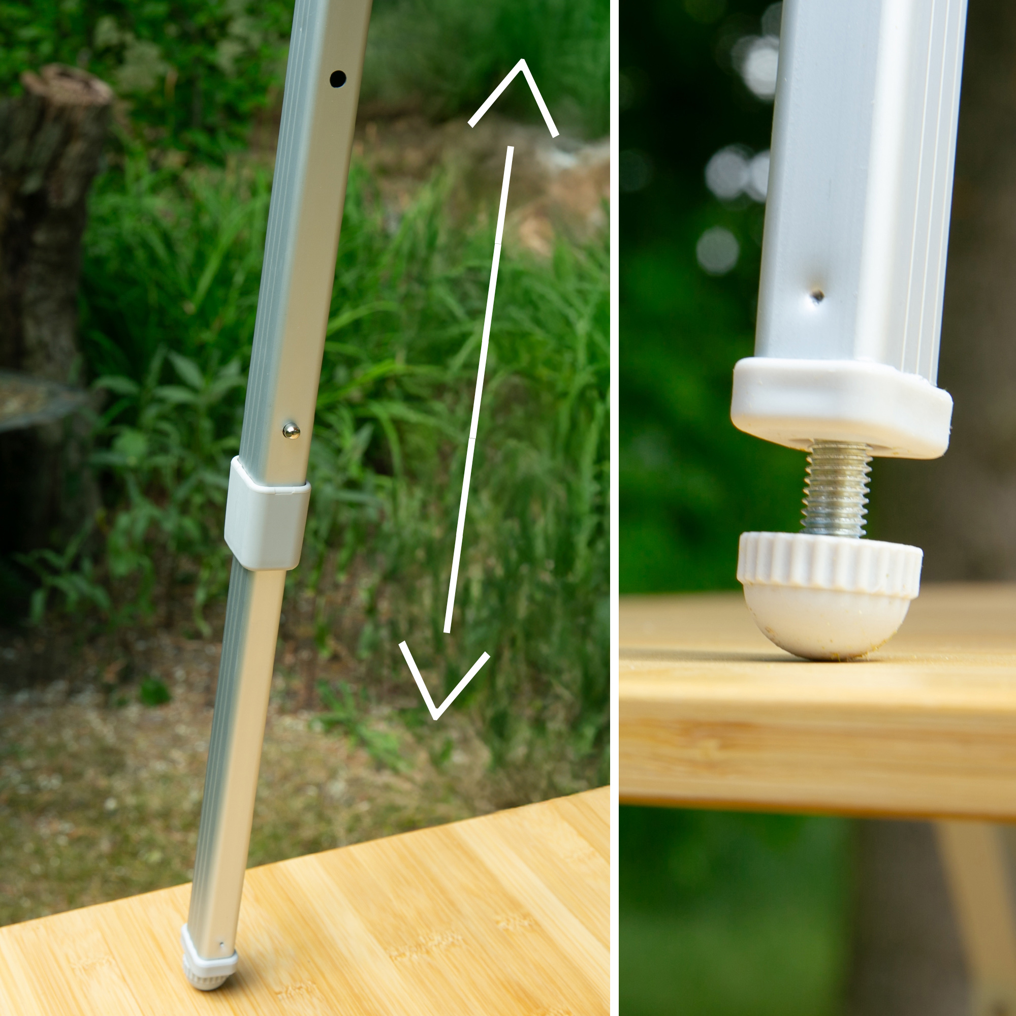 Close-up of your GEAR Portofino L bamboo camping table leg with adjustable telescopic aluminum legs and screw foot, showing the sturdy bamboo tabletop and the height adjustment mechanism for outdoor use.