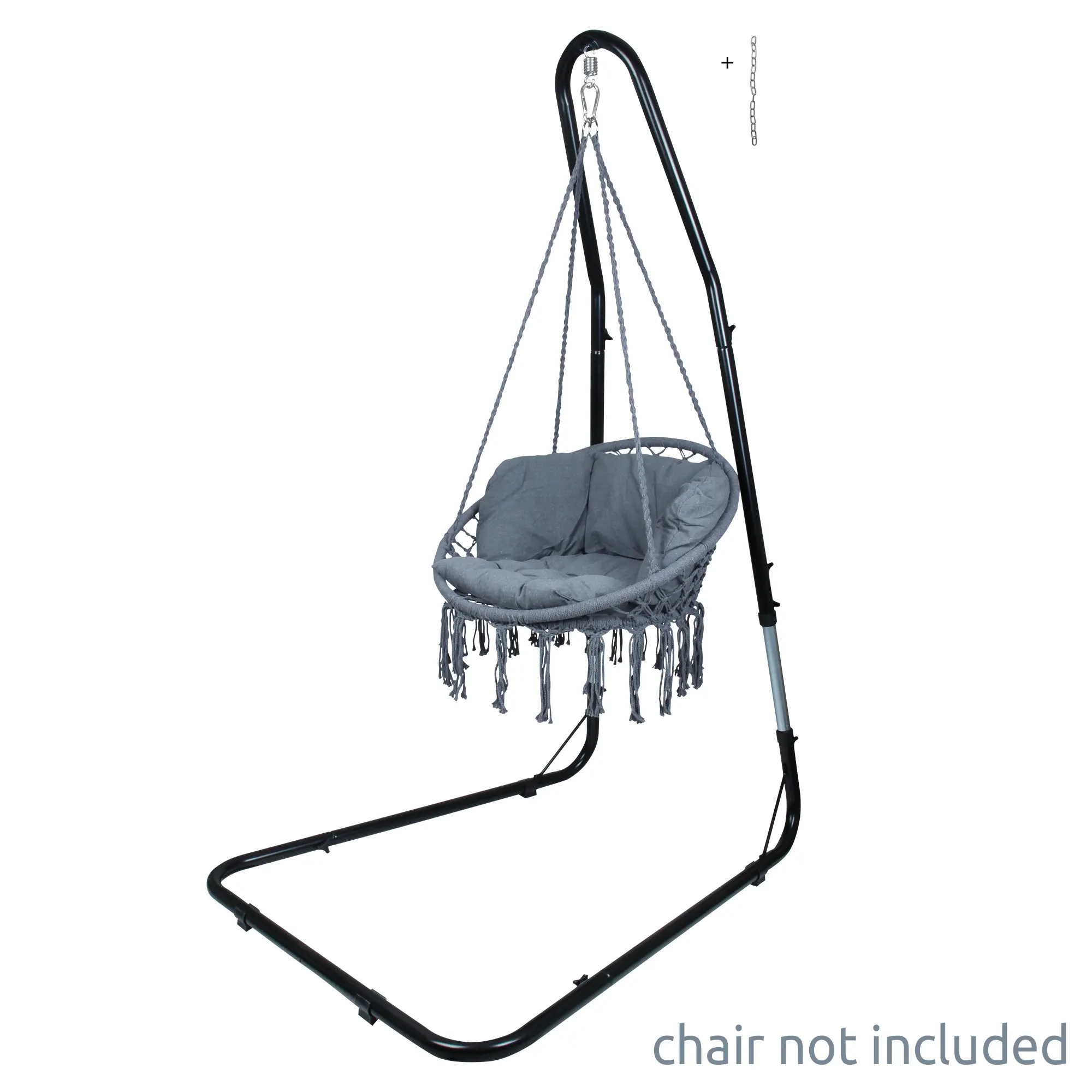 Black your GEAR hanging chair stand, height-adjustable, TÜV certified, powder-coated steel frame with non-slip feet, suitable for up to 240 kg. Chair not included. Ideal for indoor or outdoor use.