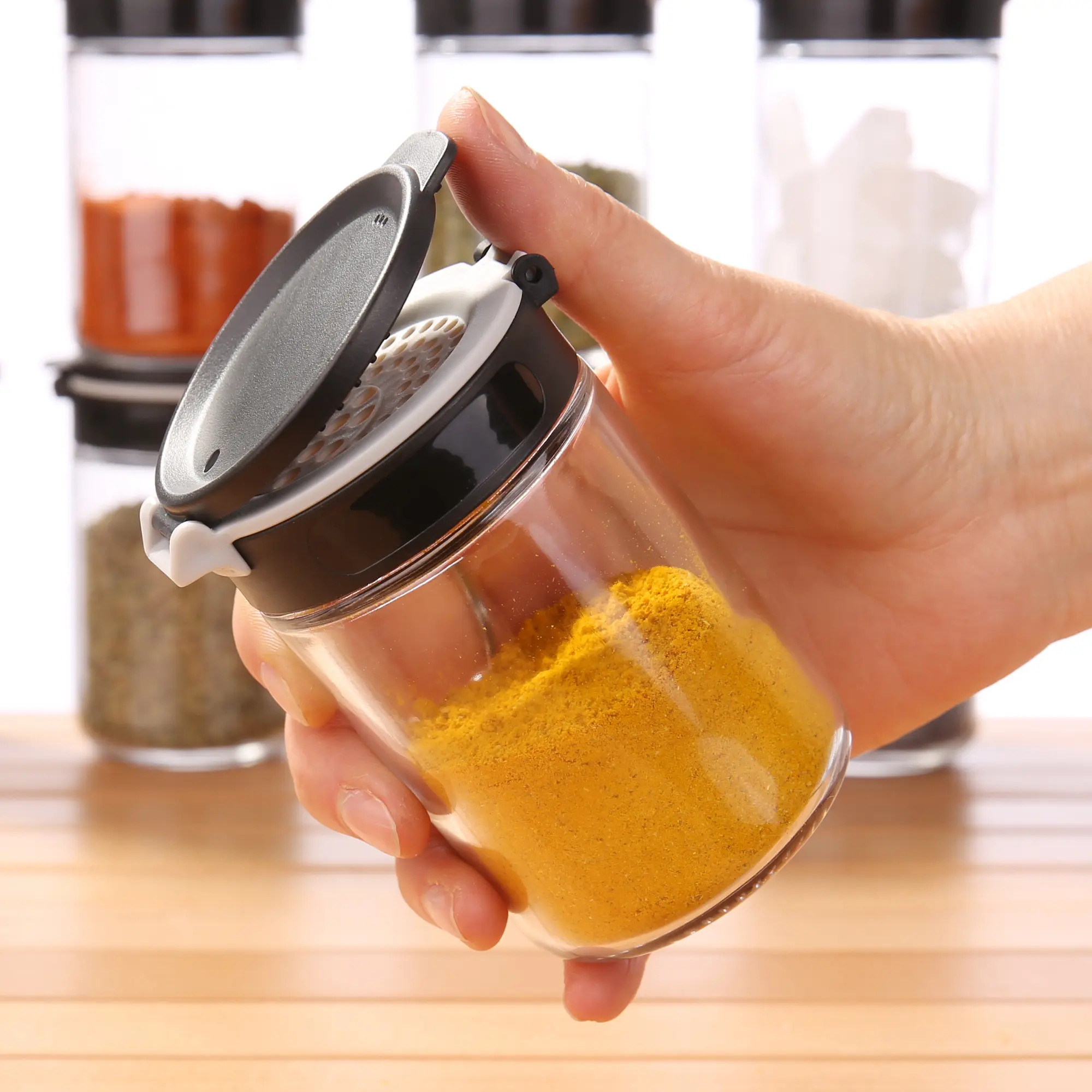 YourGEAR Set 10 Barattoli Per Spezie In Vetro 200ml Con Doppio Coperchio Flip-Flap Ed Etichette